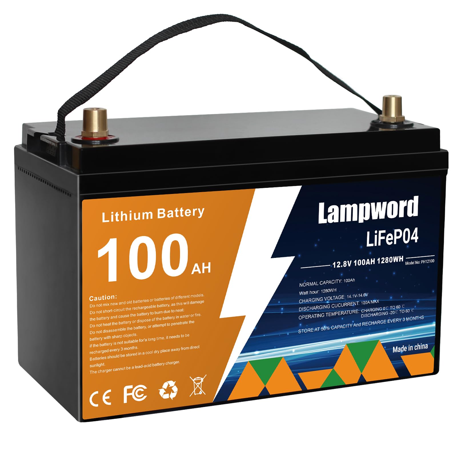 Lampword 12v 100AH Lifepo4 Battery 4000+ Deep Cycle Marine Lithium Battery/Power Wheels 12v Battery,Trolling Motor/Golf Cart/Sol