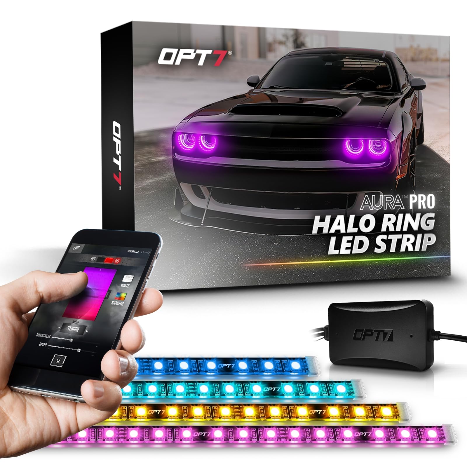 OPT7 Aura Pro Halo Light DRL for 2008-2023 Dodge Challenger, Bluetooth Control, RGB LED, Easy Installation