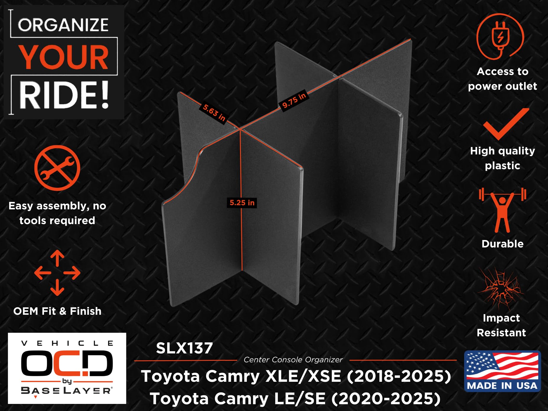Vehicle Ocd - Center Console Organizer For Toyota Camry Xle/Xse (2018-2025) And Le/Se (2020-2025) - Made In Usa - Slx137