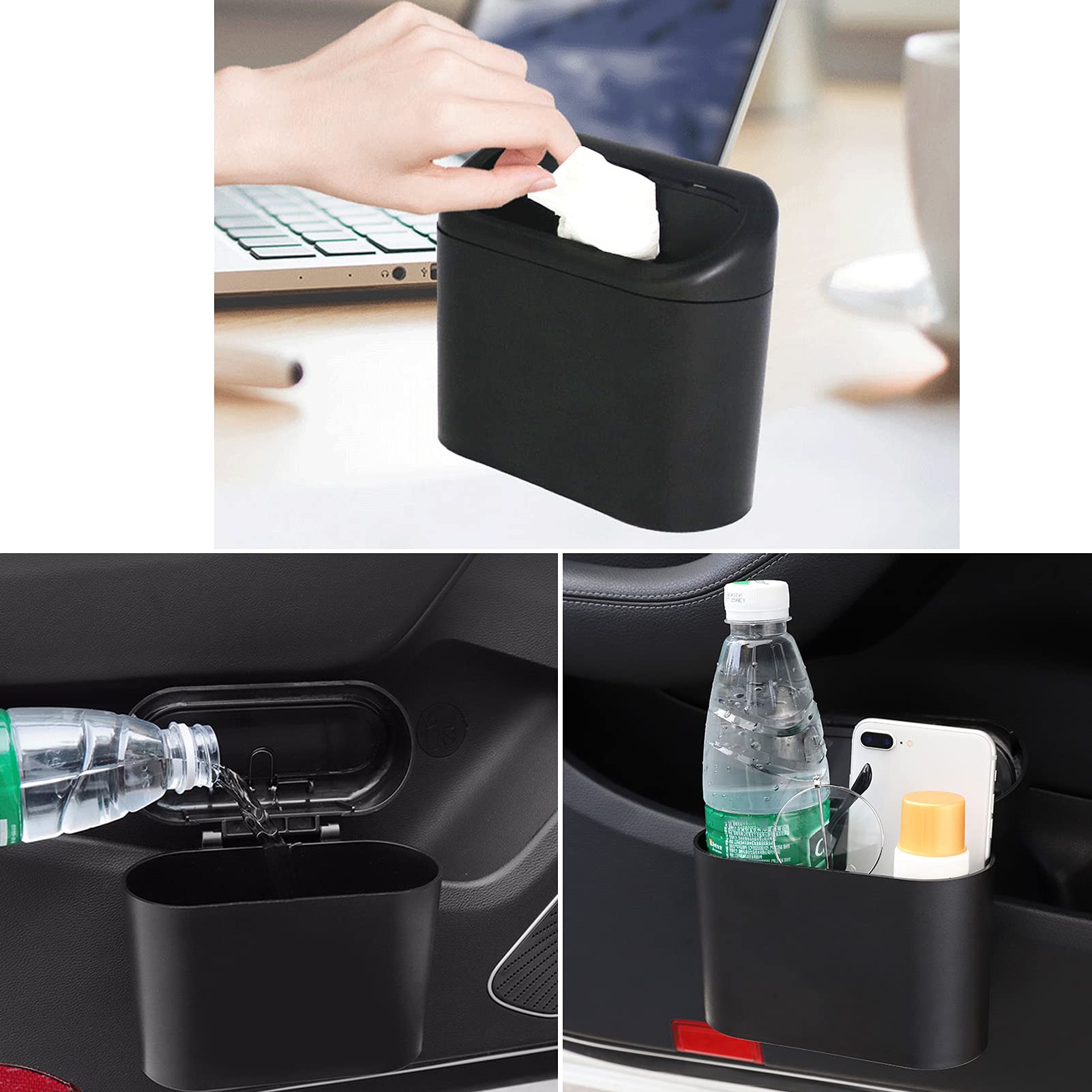 Car Trash Can Bin With Lid - 3 Packs Universal Vehicle Mini Leakproof Garbage Can Bin With 60Pcs Trash Bags Can Organizer Storag