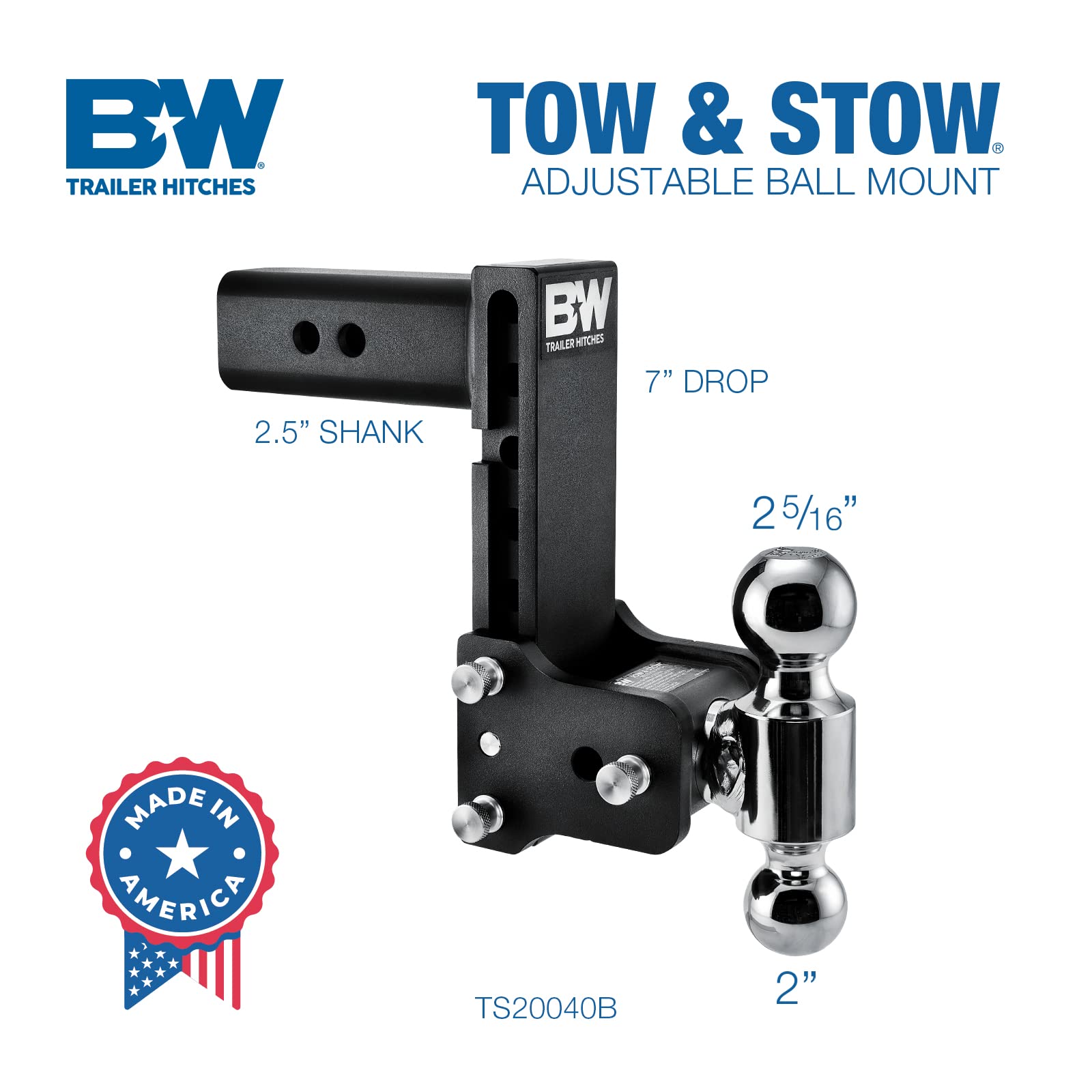 B&W Trailer Hitches Tow & Stow Adjustable Trailer Hitch Ball Mount - Fits 2.5' Receiver, Dual Ball (2' X 2-5/16'), 7' Drop, 18,000 Gtw - Ts20040B