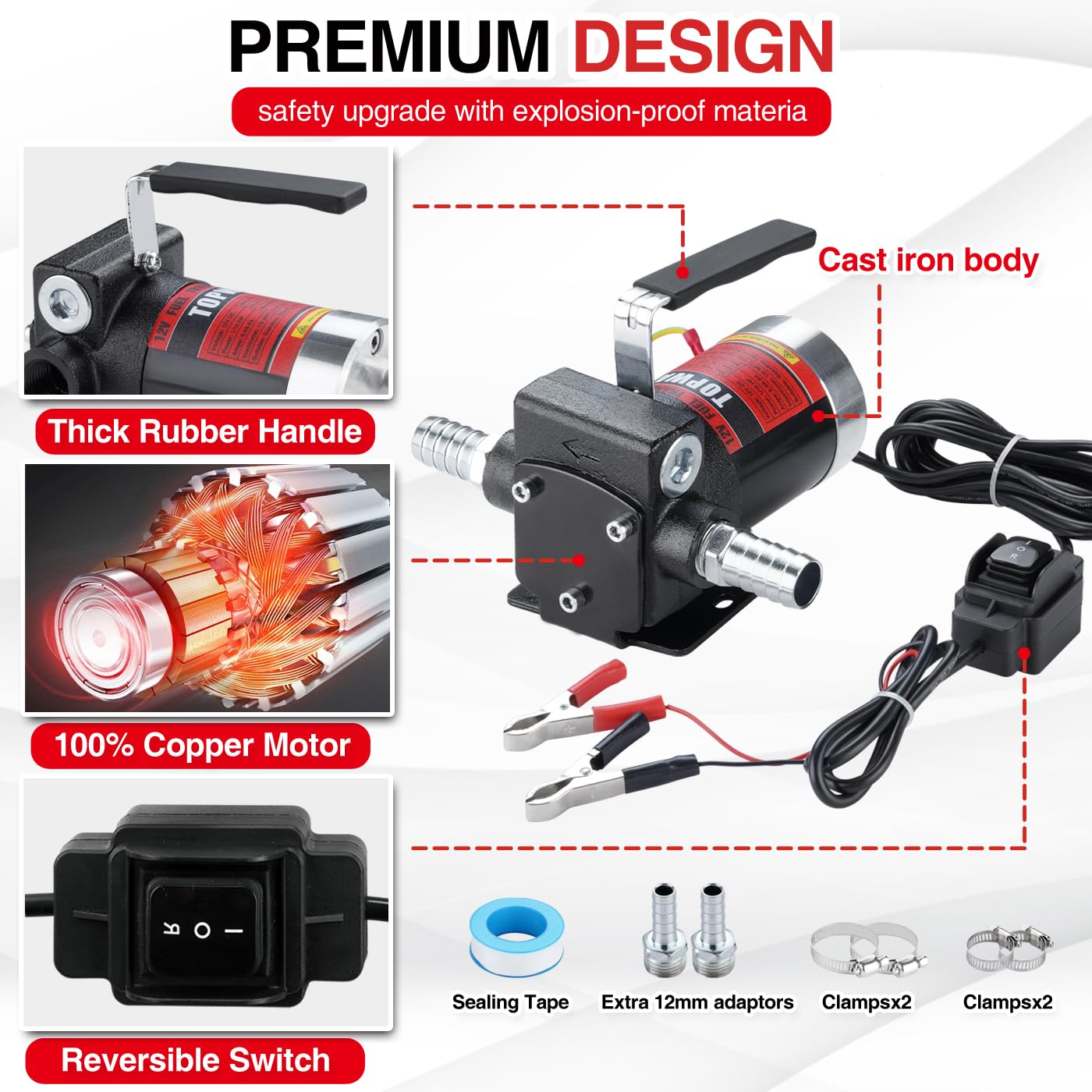 TOPWAY 12V DC Self-Priming Fuel Pump 3.7GPM, Reversible, Overheat Protection, Model TOP621, for Gasoline, Diesel, Kerosene Transfer