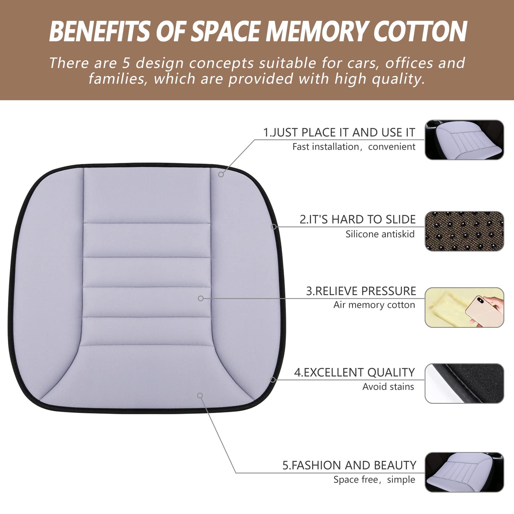 Myfamirea Car Seat Cushion Pad Comfort Seat Protector For Car Driver Seat Office Chair Home Use Memory Foam Seat Cushion With No