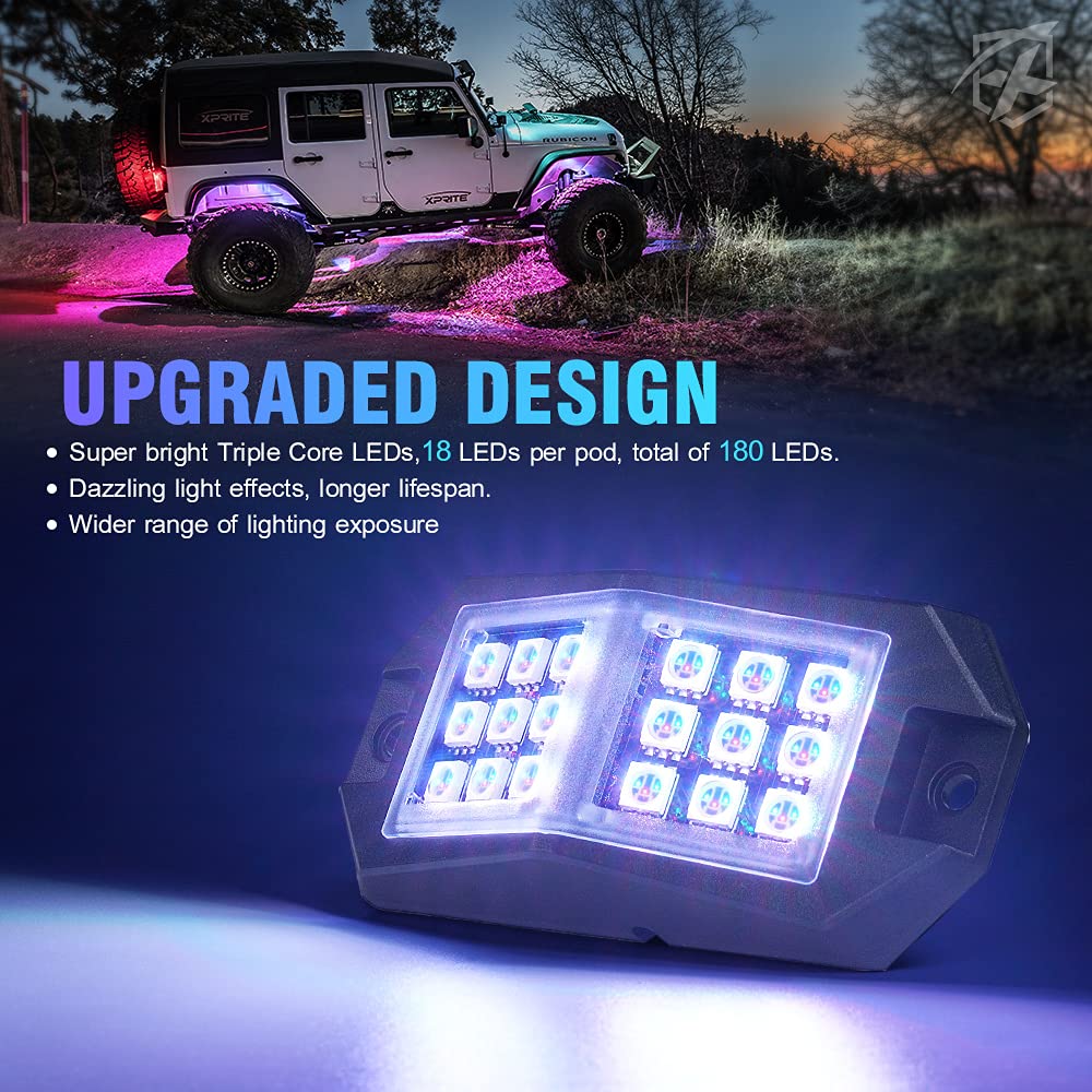 Xprite Bluetooth RGB LED Rock Lights Kit, 10 PCS, Black ABS, Multicolor Neon Underglow for Trucks, UTV, ATV, SUVs, RZR, Motorcycles, Boats