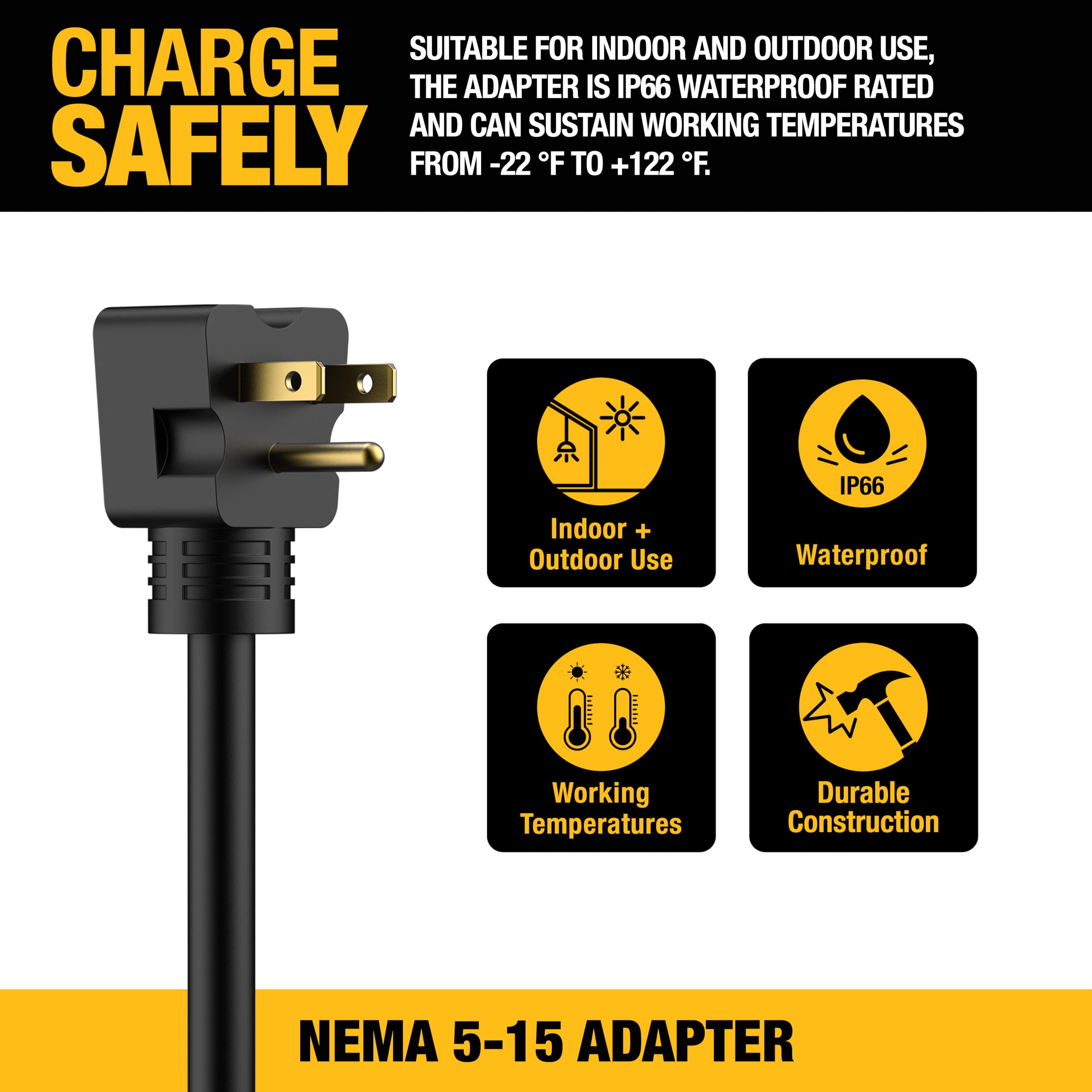NEMA 15-15 Adapter, 12A/120V, Compatible with DEWALT 32 Amp Portable EV Charger, High Power Connector, Easy to Connect, No Tools