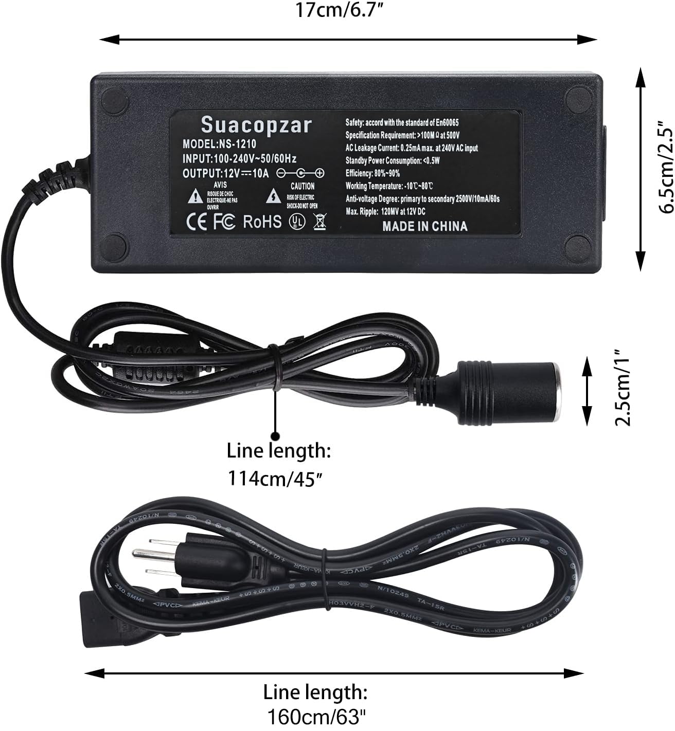 Suacopzar 10Ft Ac To Dc Converter 110V To 12V 10A 120W Power Supply Car Cigarette Lighter Adapter To Wall Plug, 3 Pin Socket Ac
