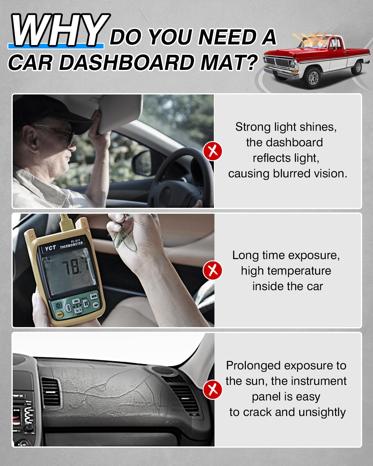 Cartist Dash Cover Compatible with Ford F100/ F250/ F350 Pickup Truck 1967-1972 Dashboard Cover Mat Non-Slip Carpet Sunshield Gl