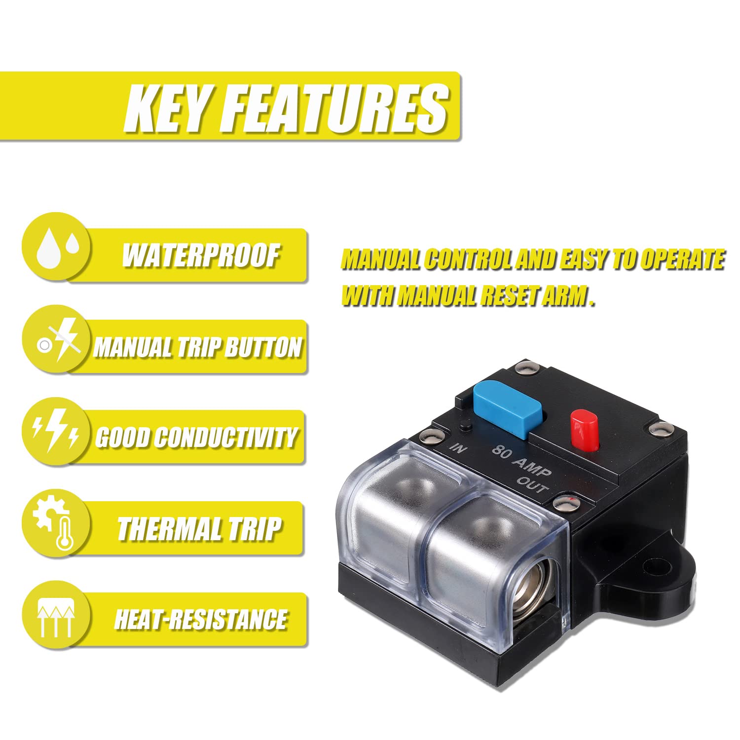 EPLZON 80A Resettable Circuit Breaker - 80 Amp Self Recovery with Manual Reset Button for Car Audio & Amps Protection