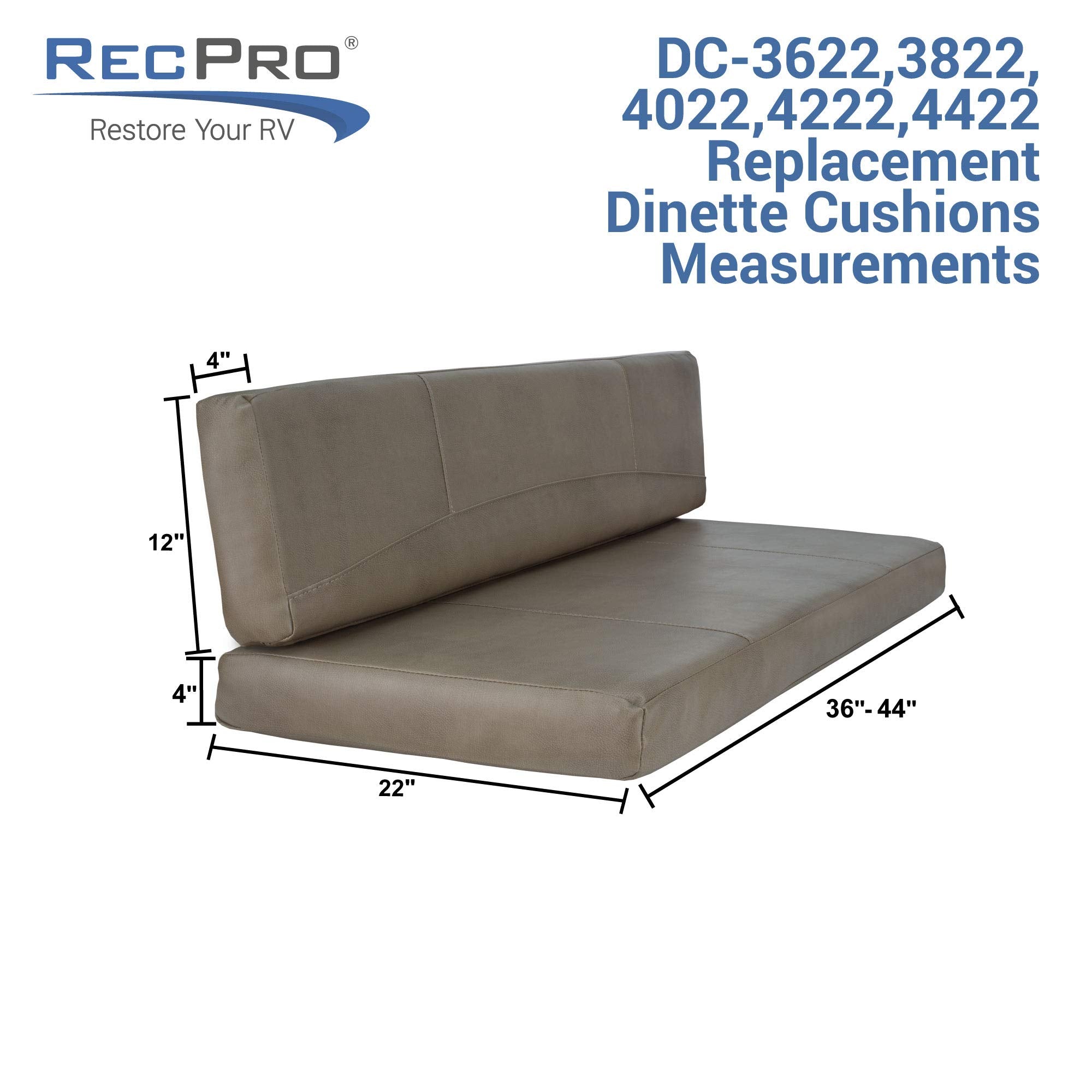 RecPro RV Dinette Booth Cushions - Memory Foam, 42", Gunmetal Color