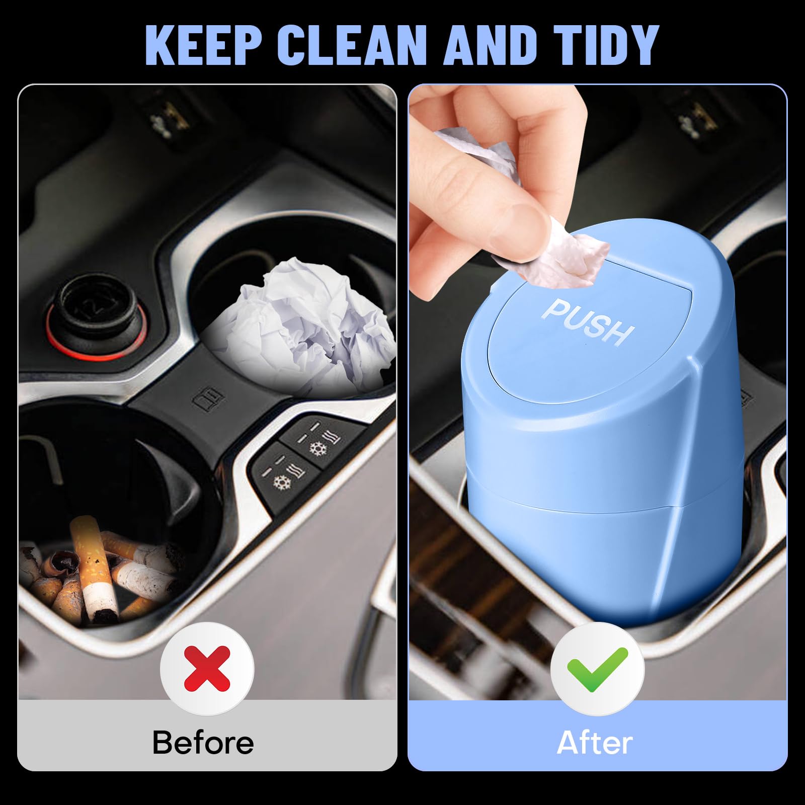 Car Trash Can Bin With Lid - 2 Packs Car Garbage Can Cup Holder - Blue Mini Leakproof Vehicle Trash Garbage Can Bin With 40Pcs T