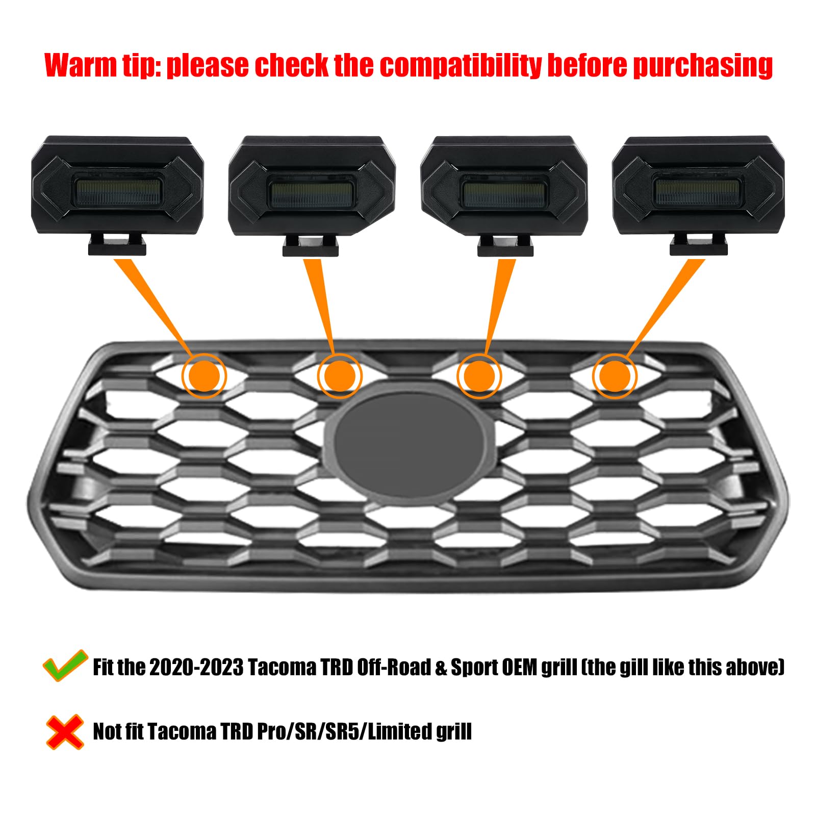 SEVEN SPARTA Grill LED Lights 4 PCS for Toyota Tacoma 2020-2023, Black & Orange, Plastic, Model SZ10776, OEM Off Road Replacement