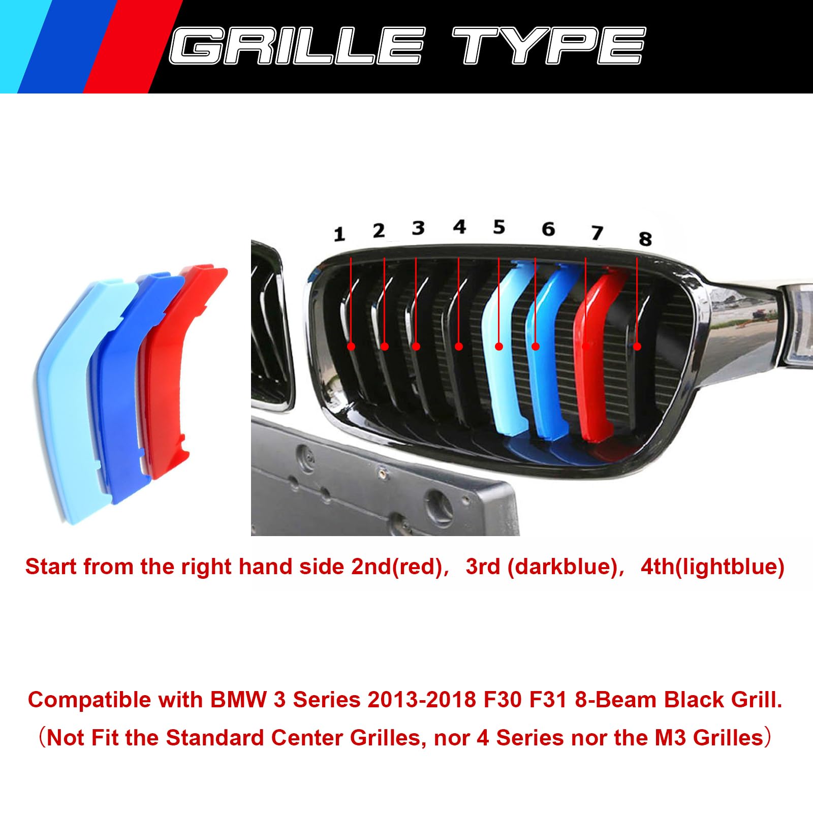 Xotic Tech M-Colored Tri Grille Insert Trims Strips, Front Center Kidney Grilles Compatible With Bmw 3 Series F30 F31 320I 328I