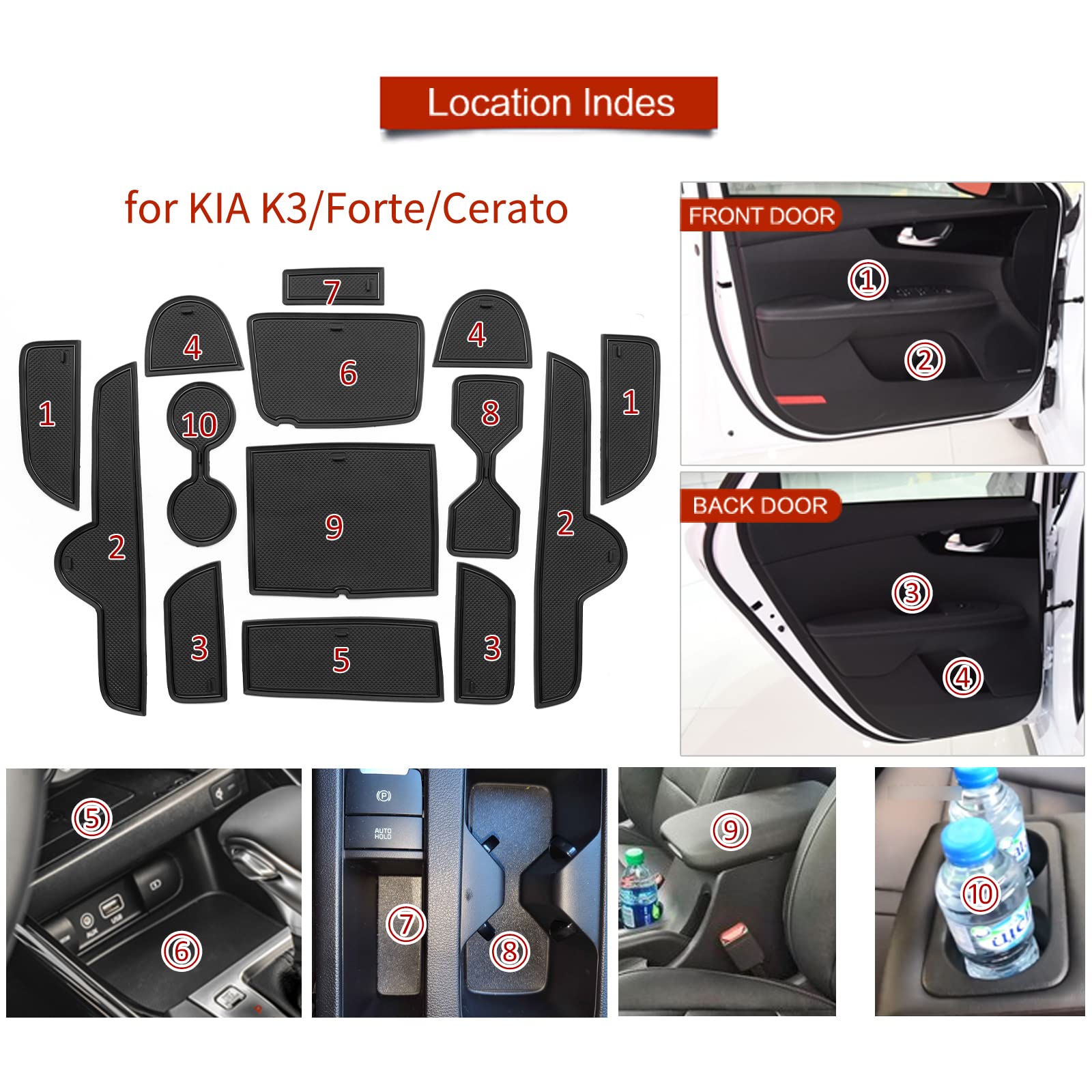 Smabee Car Anti-Slip Gate Slot Cup Mat For 2022-2024 Kia Forte Gt Gt-Line/ 2021-2024 Kia K3 Cerato Center Console Liner Cup Holders Inserts Mat Door Pocket Liners Accessories (Black)