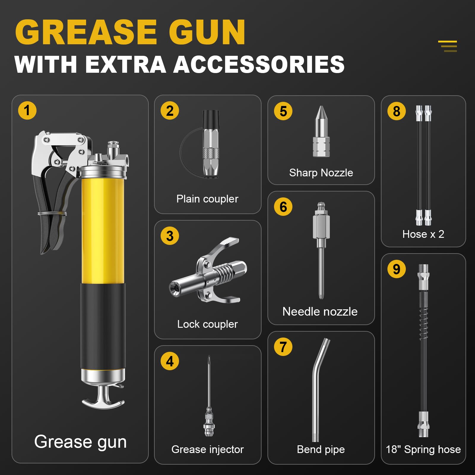 Fantictas Grease Gun Kit, 8000 Psi Leak-Proof Pistol Grip Grease Gun With Lock Coupler, 18'' Spring Flex Hose, 14Oz Load, 2 Stan