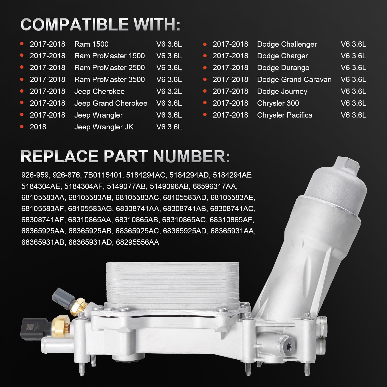 TEMSONE Aluminum Engine Oil Filter Housing Cooler Kit - 2017-2018 Chrysler 200/300, Dodge Charger, 3.2/3.6 V6, Includes Gaskets &