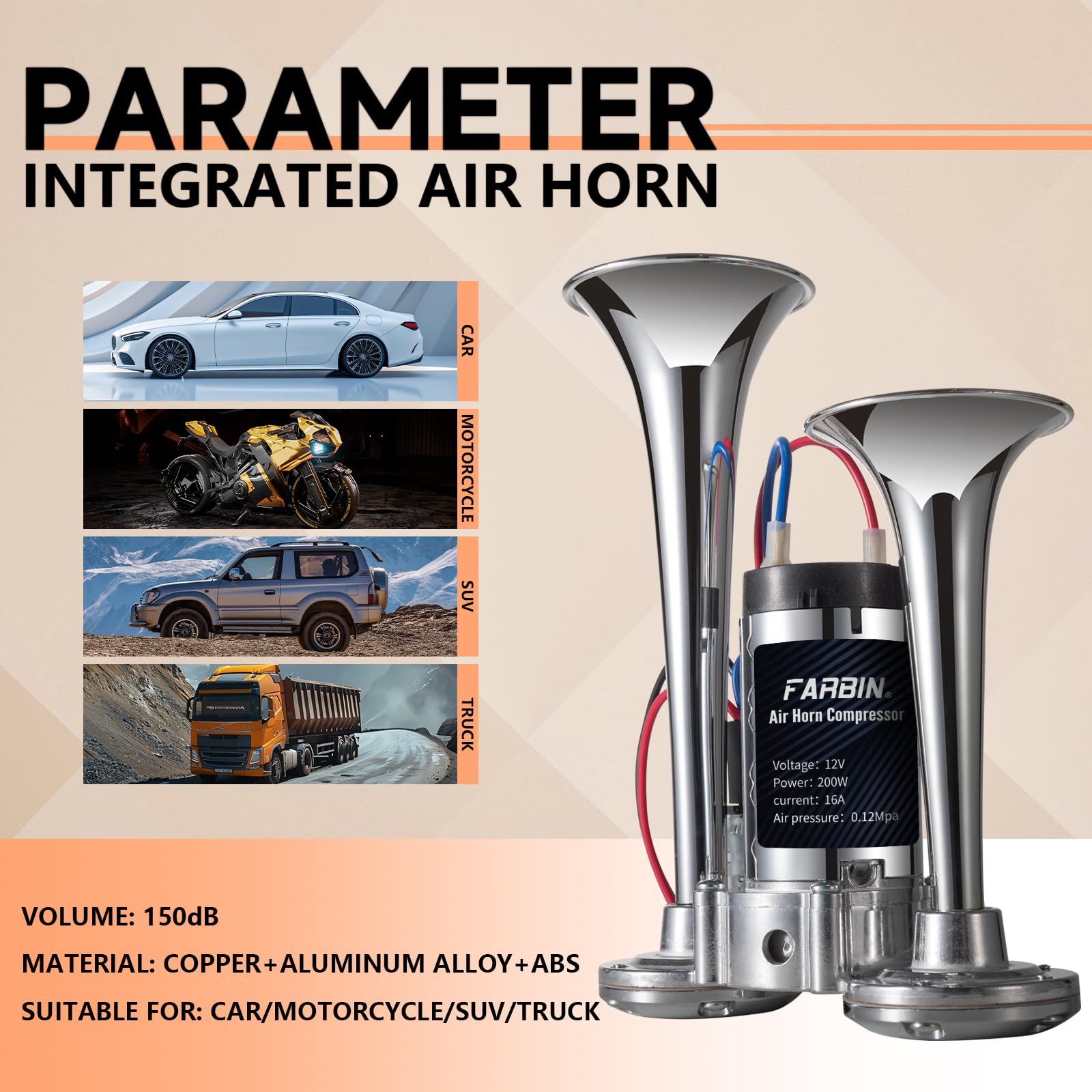 FARBIN 12V Air Horn for Trucks - Dual-Trumpet Chrome with Compressor, Zinc Copper Aluminum, Loud Train Horn