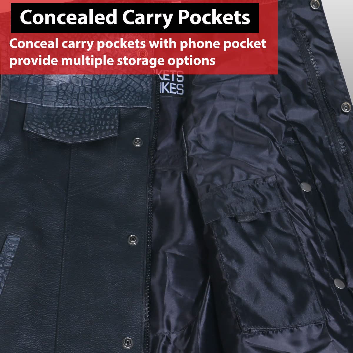 Soa Men 'S Leather Motorcycle Concealed Gun Pockets Biker Club Vest W/Armor Crocodile Black L