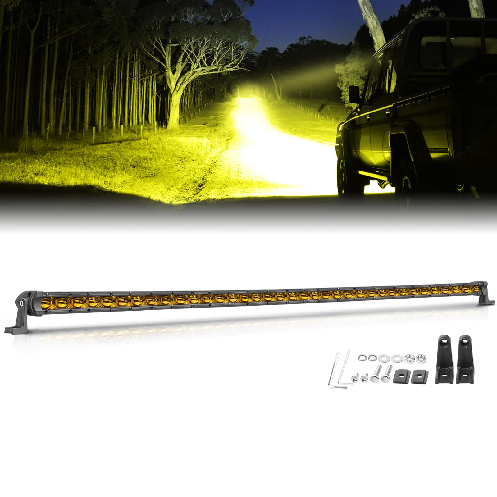 40 Inch Light Bar Amber, Niwaker 216W Slim Roof Rack Lightbar Flood LED Work Bumper Lights Offroad Driving Lights Amber Single R