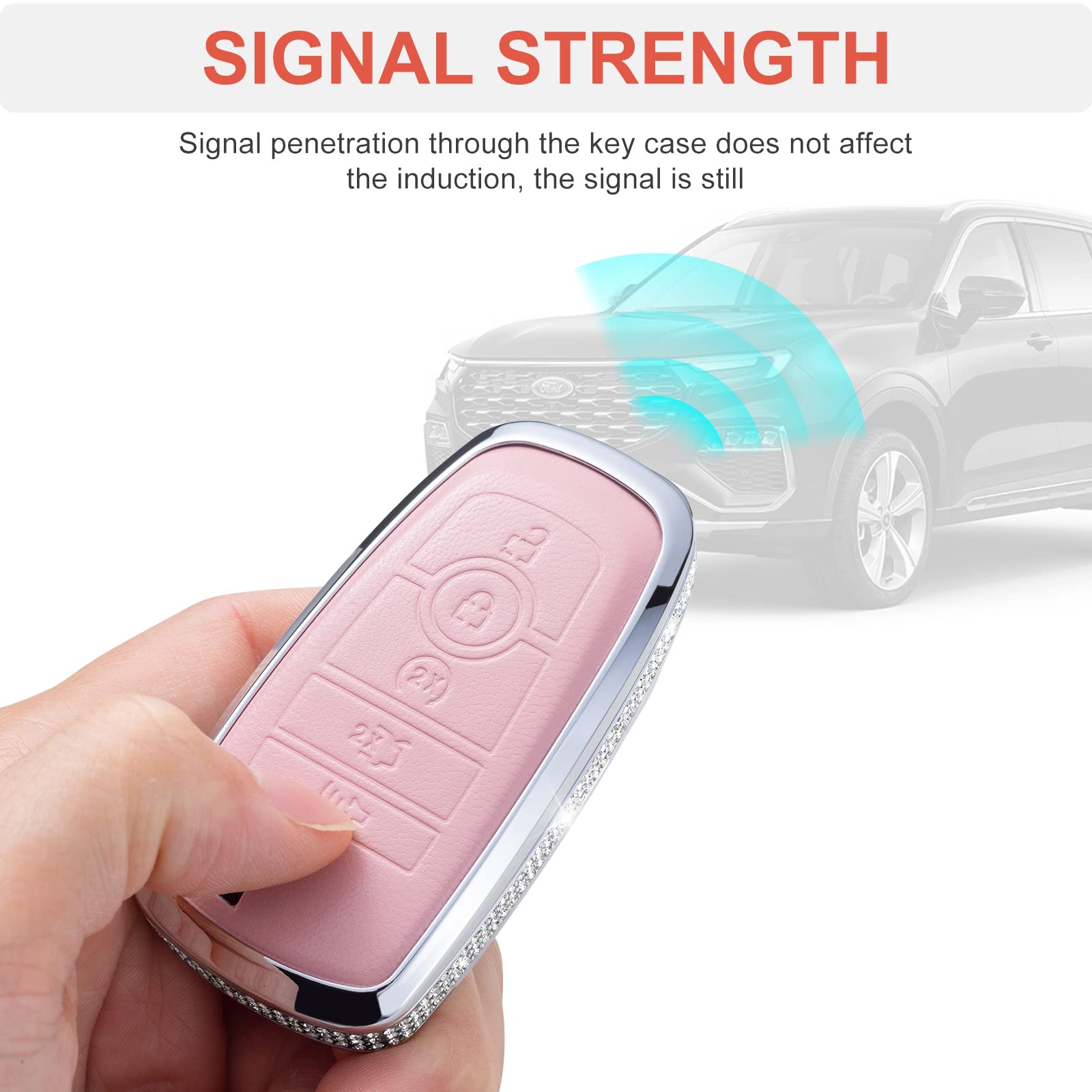 Ruabiban Compatible With Ford Key Fob Cover With Keychain, Pink Genuine Leather Crystal Key Case Protection Shell For Ford Fusio
