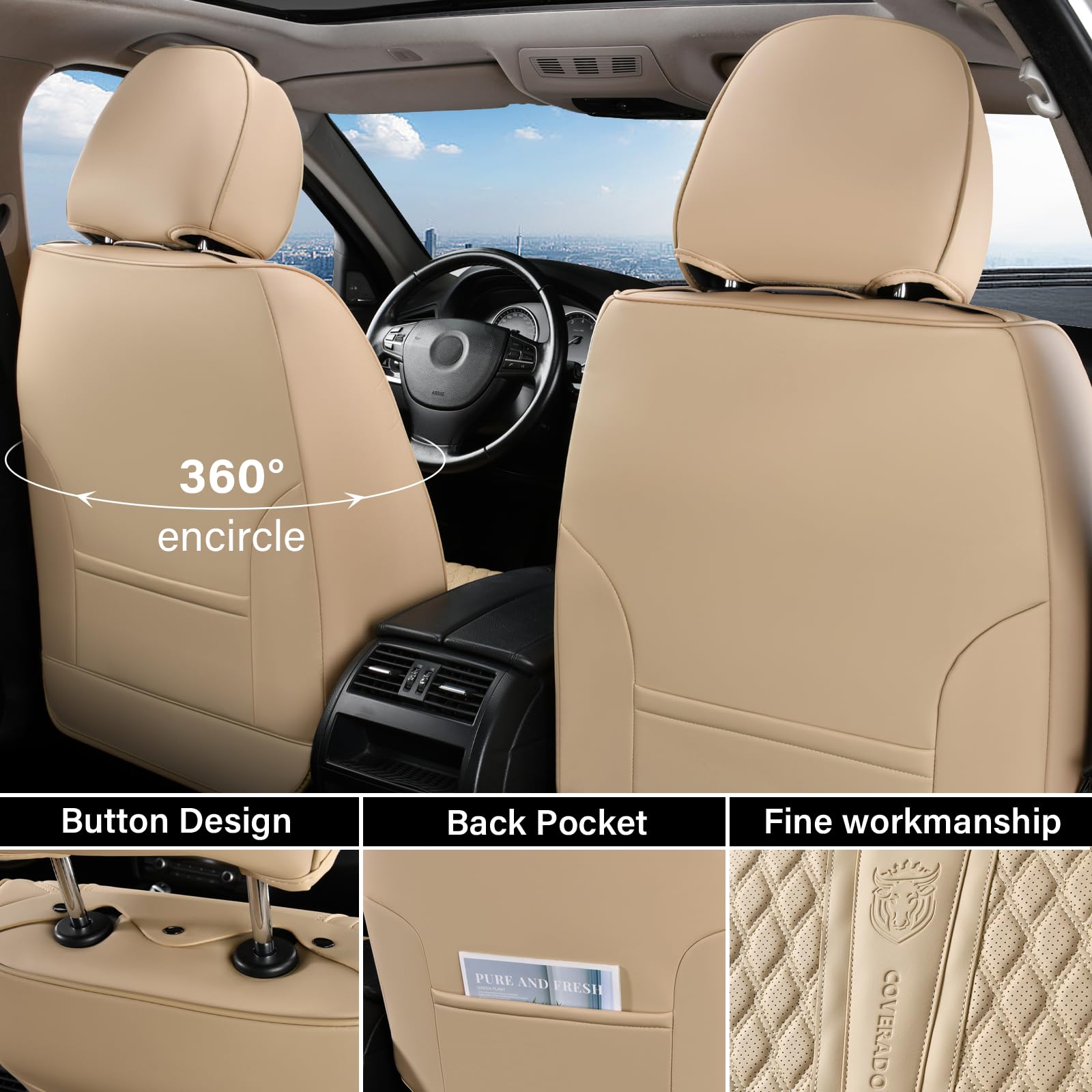 Coverado Front Seat Covers, Car Seat Covers Front Seats, Nappa Leather Seat Covers for Cars, Waterproof Seat Covers with Lumbar