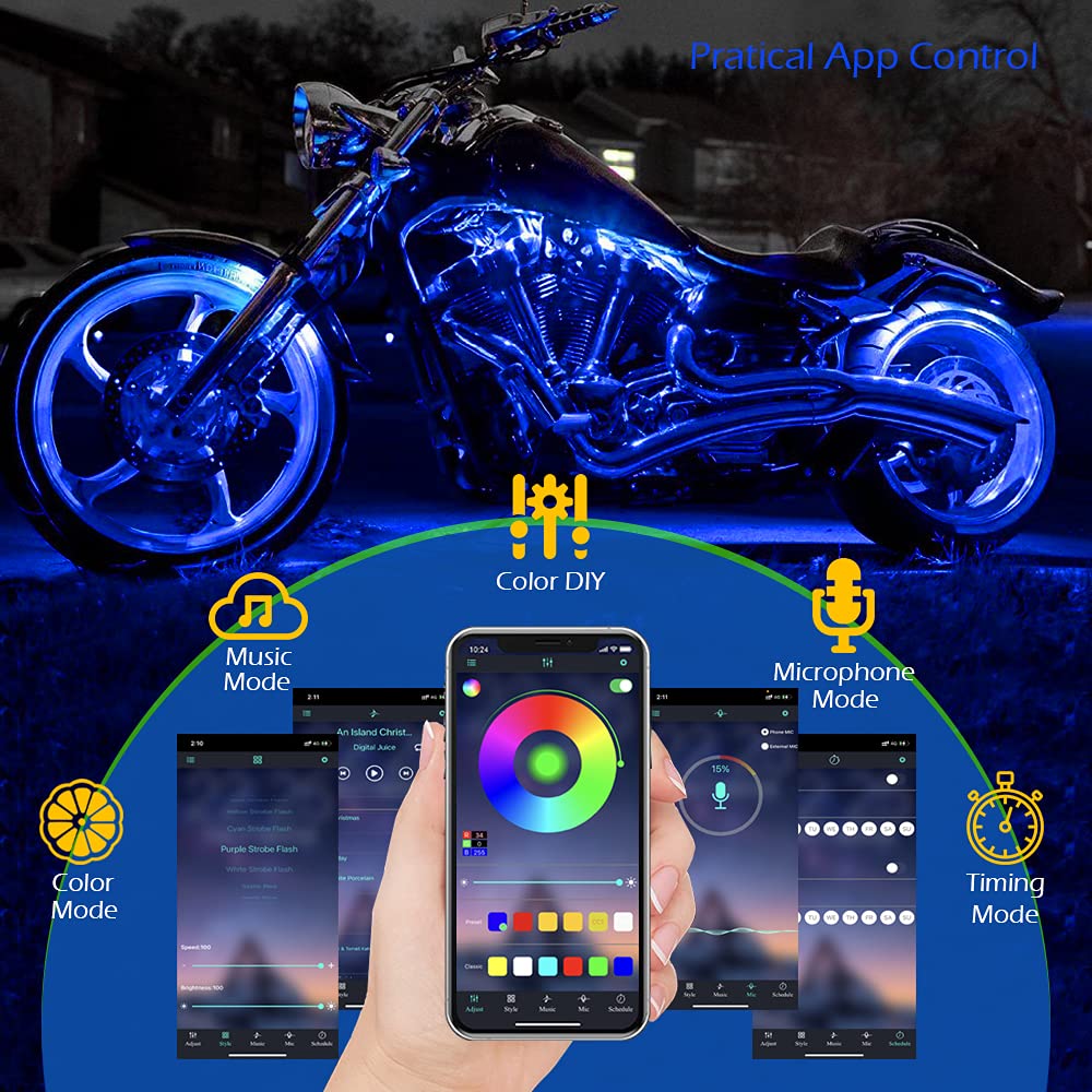 Shinight 18 Pcs Motorcycle Led Light Kits, App Control Multicolor Waterproof Motorcycle Led Strip Lights With Rf Remote, Music S
