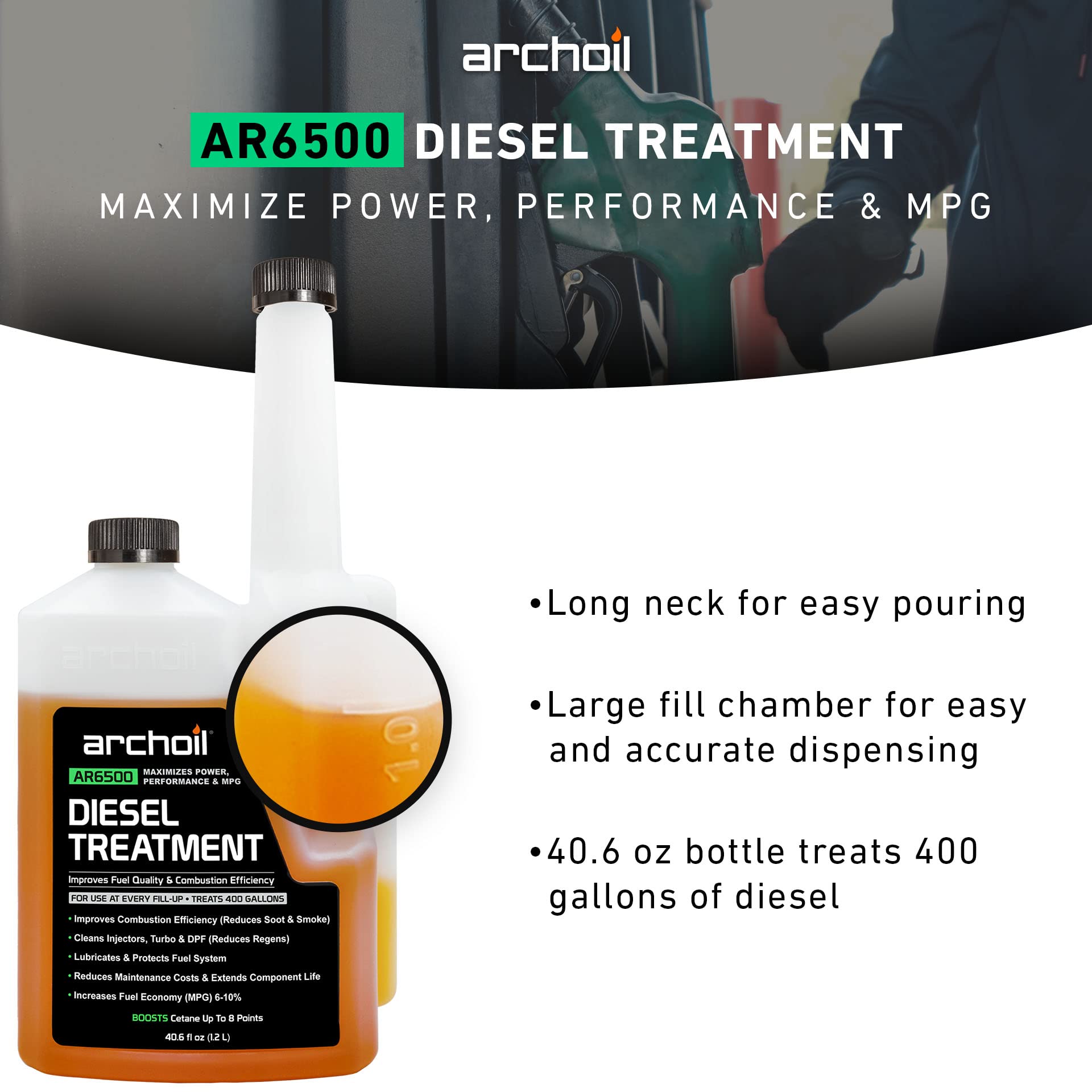 Archoil AR6500 Diesel Treatment - 40.6 oz Additive for All Diesel Vehicles, Treats 400 Gallons