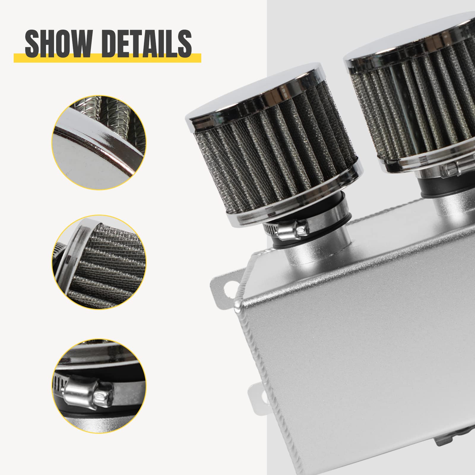 POSENG Universal Aluminum AN10 1.2L Twin Baffle Dual Filter Engine Oil Catch Can Tank With 2 Air Filters Oil Catch Reservoir Tan