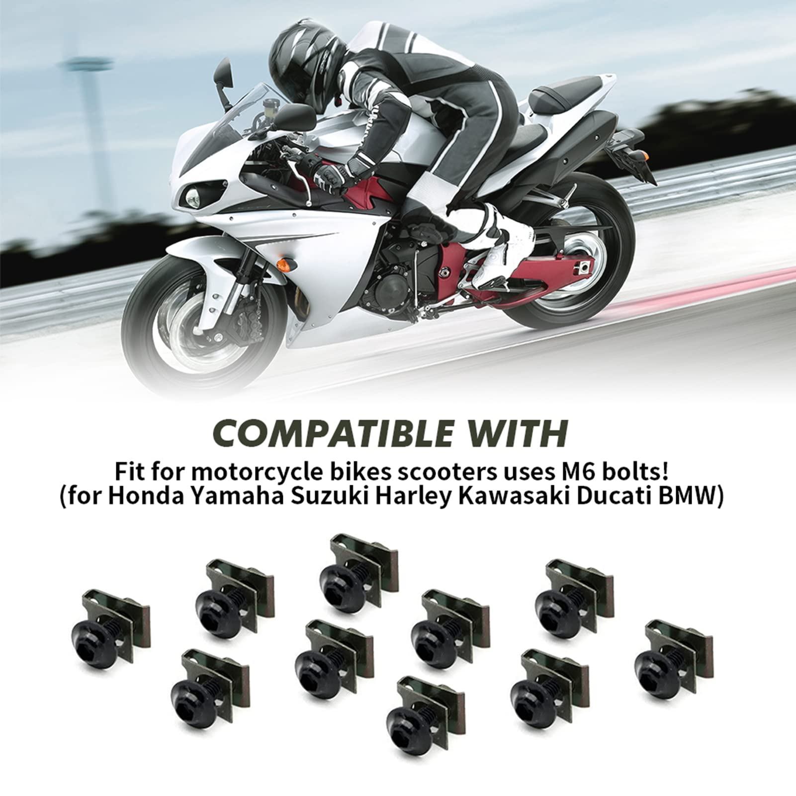Alpha Rider Body Bolts Screws Metal - Universal U-Nuts Clips 6mm Screw Clips Metal Fasteners 10 PCS (Black) for Honda Yamaha Suz
