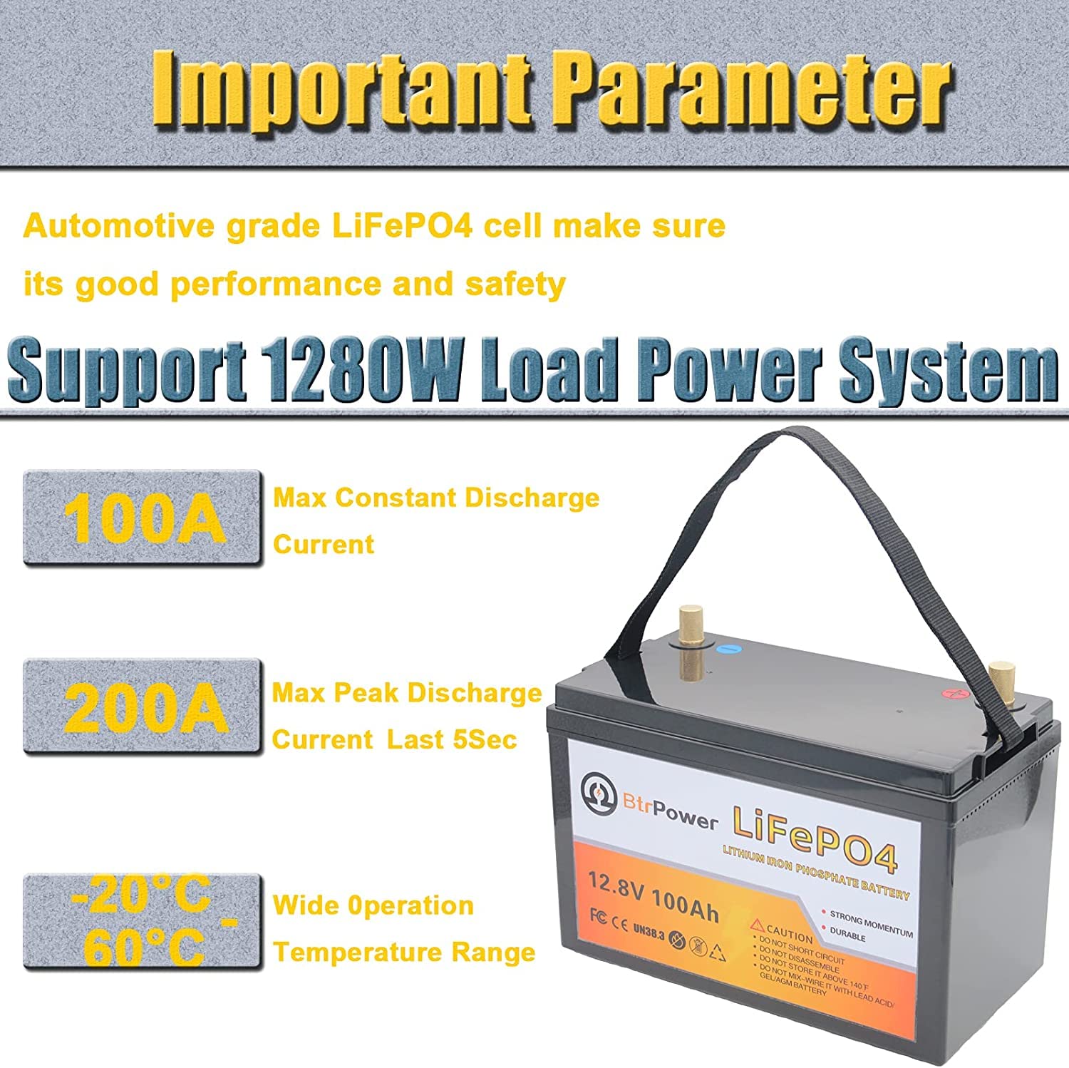 BtrPower 12V 100AH LiFePO4 Lithium Battery with 14.6V 10A Charger for RV, Off-Grid, Solar, Marine, Golf Cart, Deep Cycle