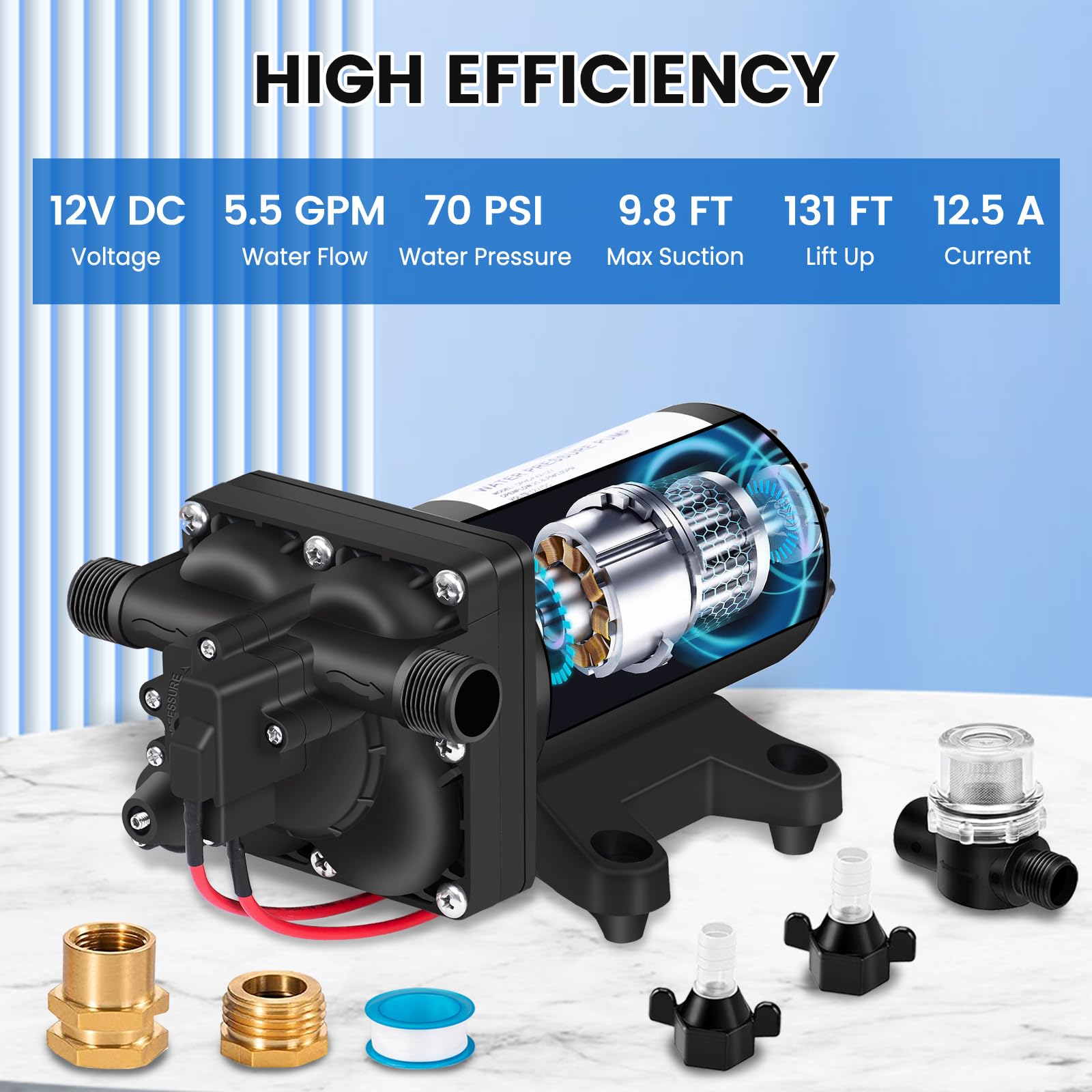 ECO-WORTHY 12V Water Pump - 5.5GPM, 70PSI, Stainless Steel, Garden Hose Adapter, Ideal for RV, Boat, Camper, Marine Use