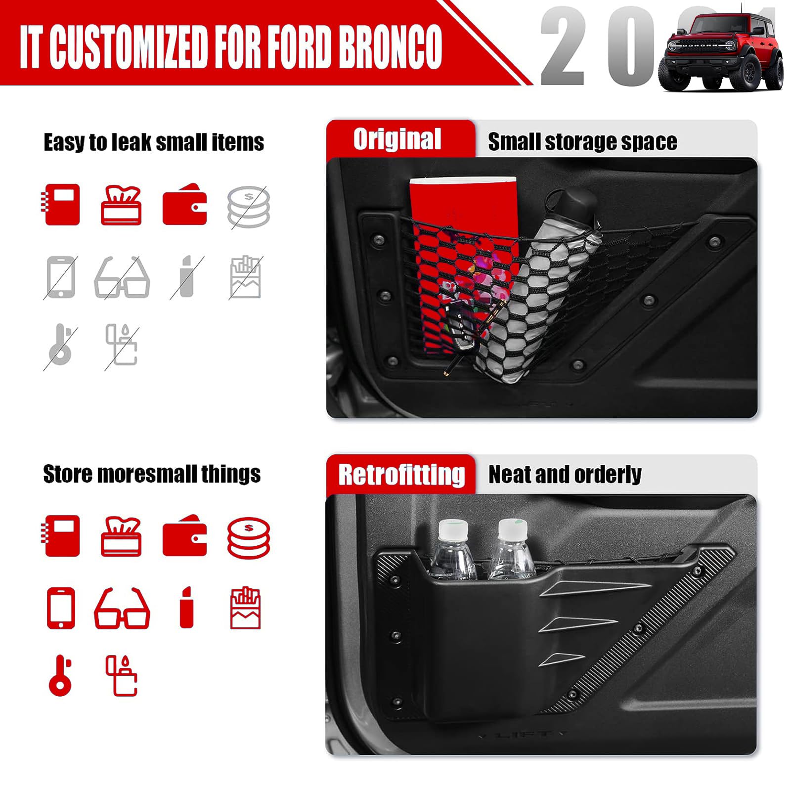 Mabett Front Door Storage Pockets for Ford Bronco 2021-2024, 2PCS Cup Holder Organizer, Durable ABS, Fits 2/4-Door Models