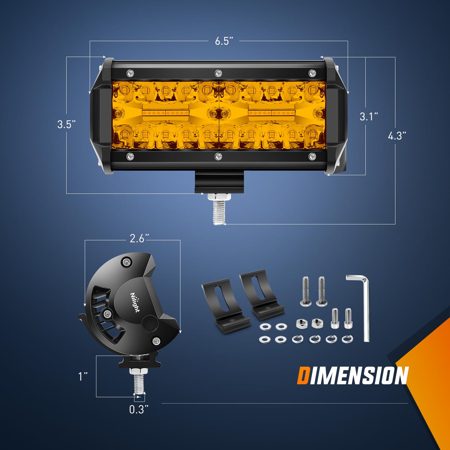 Nilight LED Light Bar 2PCS 6.5" Amber 120W Spot Flood Combo, Waterproof, Model ZH704, with Wiring Harness & 2-Year Warranty