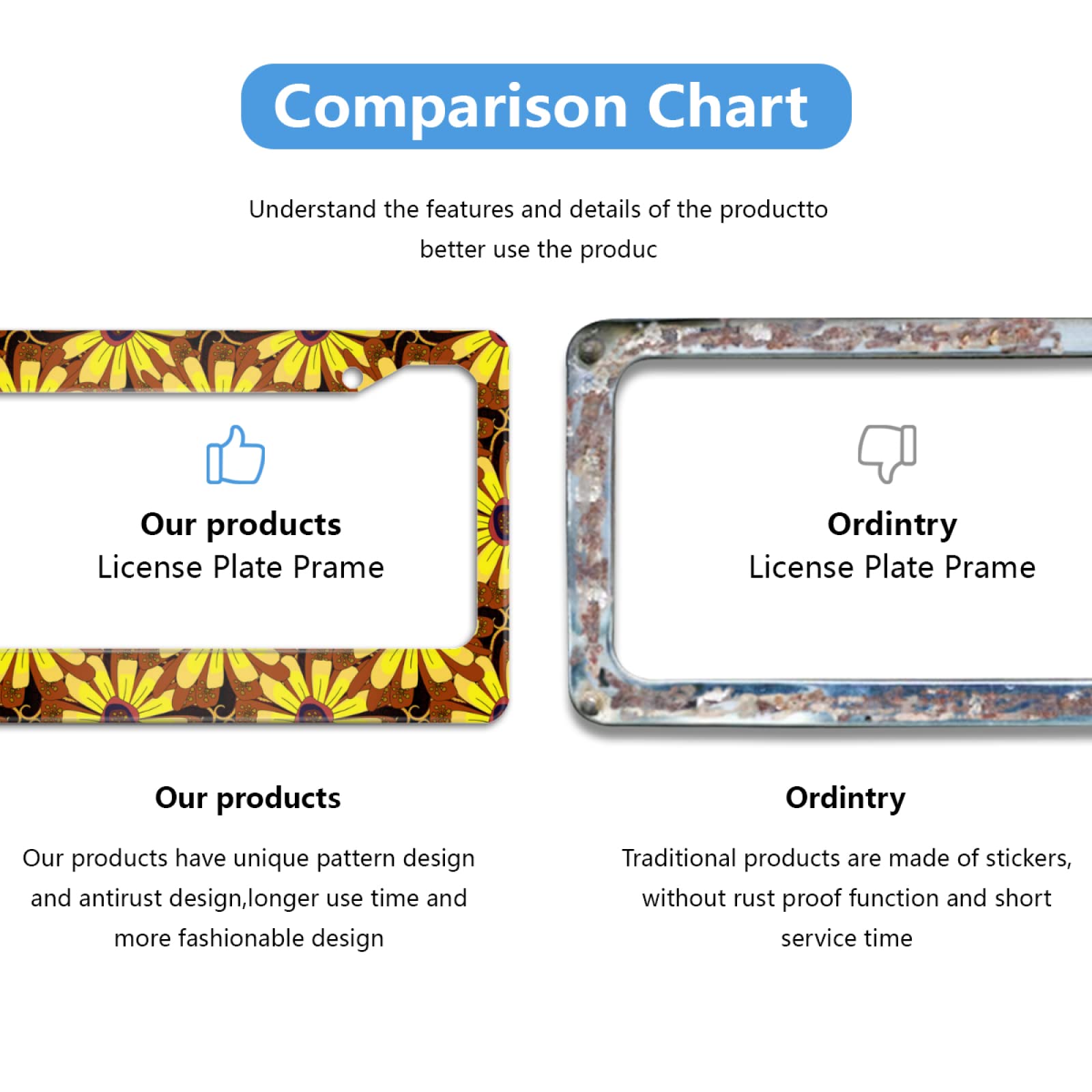 Meikosks Sunflower License Plate Frame,Metal Aluminum Car Cover Tag Holder Frames Cute Floral,2 Holes with Screw Caps for Women
