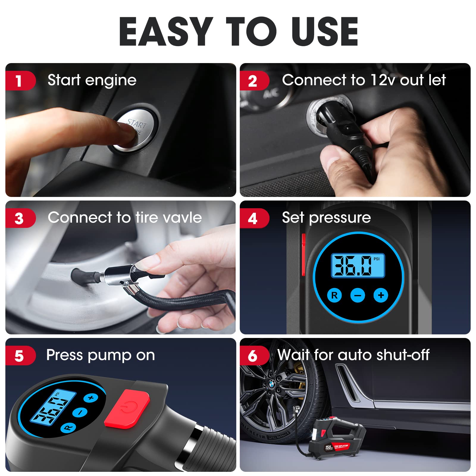 Air Compressor Tire Inflator Portable Air Pump For Car Tires Dc 12V Auto Tire Pump With Digital Pressure Gauge,150Psi With Emergency Led Light For Car, Motorcycle, Bicycle And Other Inflatables