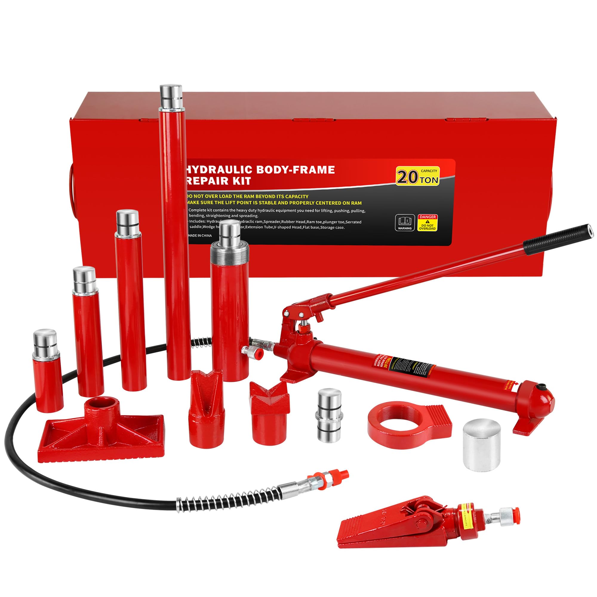 20 Ton Porta Power Kit, Portable Hydraulic Jack with 4.7 ft/1.43 m Oil Hose, 17 Pcs Hydraulic Ram, 44000 Lbs Capacity, Max Lifti