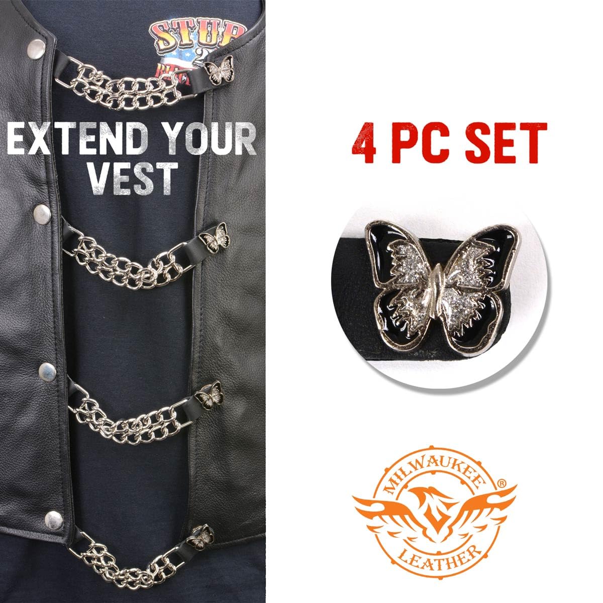Milwaukee Leather 4 Sparkle Butterfly Ribbon Vest Extender - Double Chrome Chains, Genuine Leather, MLA6022SET