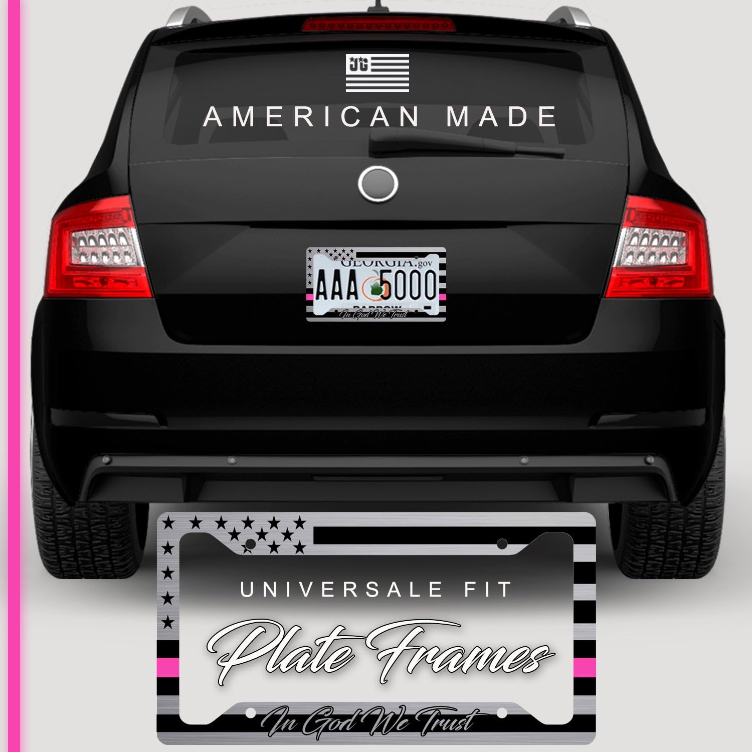American Flag In God We Trust License Plate Frame + Pink Line Coasters + Keychain - Perfect For God And Country Lovers - Tactica