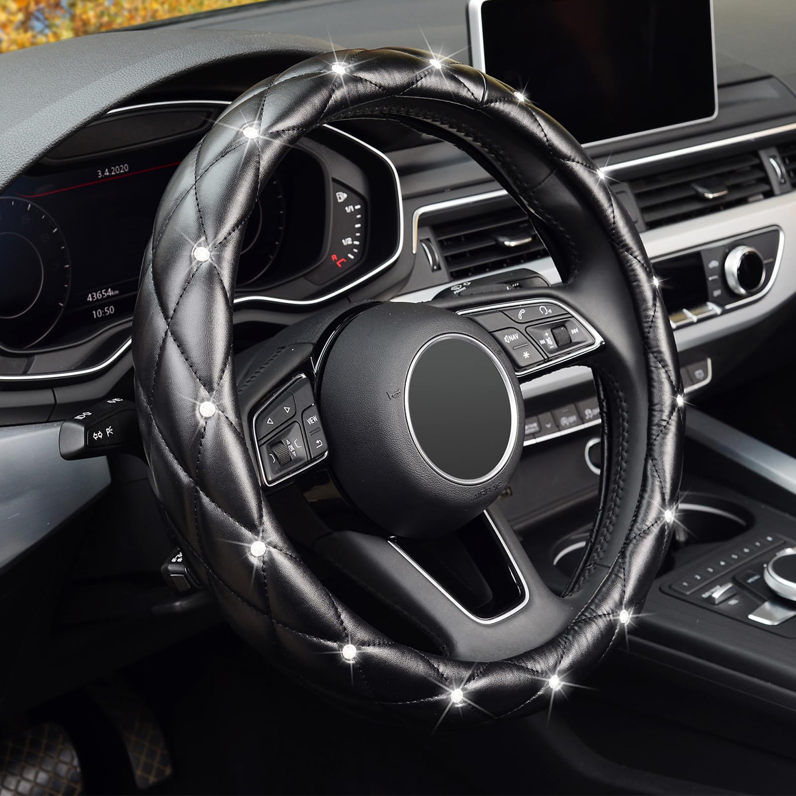 Kafeek Diamond Soft Leather Steering Wheel Cover With Bling Bling Crystal Rhinestones, Universal 15 Inch, Silver