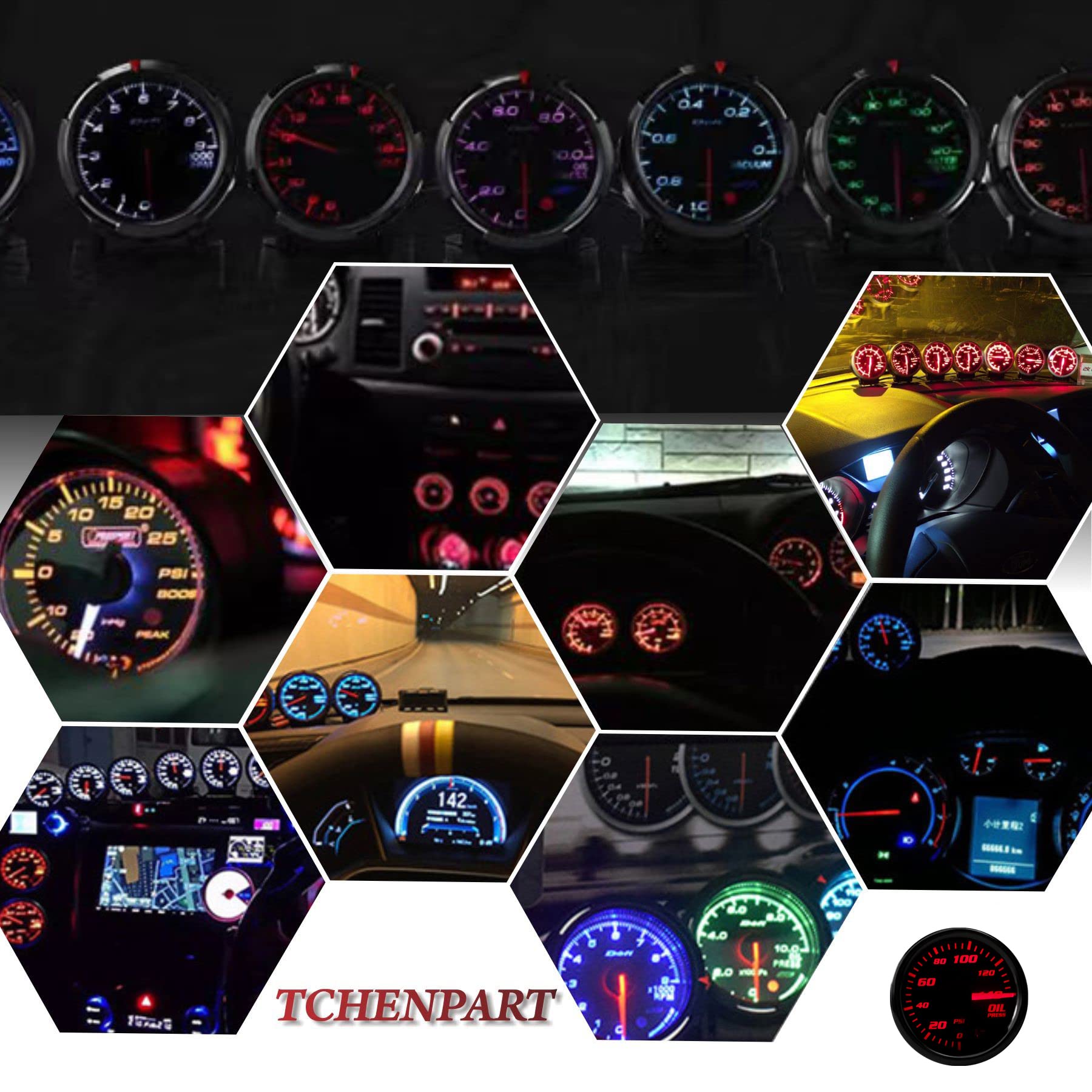 7 Color Oil Pressure Gauge 0-140 Psi Oil Press Gauge Meter 52Mm 2-1/16'' Led Backlight Black Oil Pressure Meter With Oil Pressur