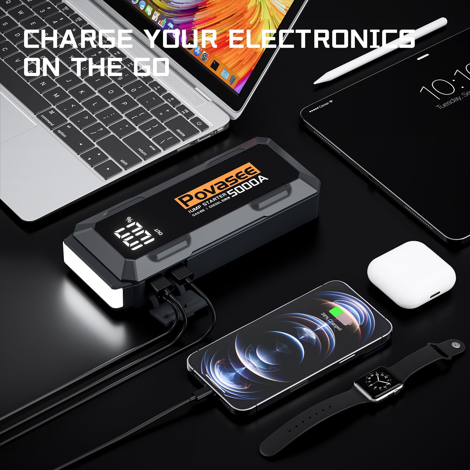 Povasee 5000A Car Battery Jump Starter - Portable 12V Jumper Pack with LCD Display, Dual Output, LED Light - Model A40