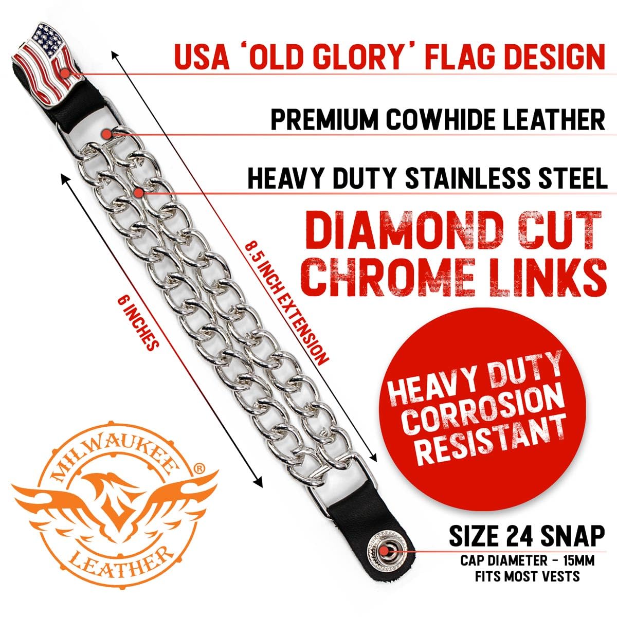 Milwaukee Leather American Flag Medallion Vest Extender - Double Chrome Chains Genuine Leather 8.5'' Extension 4-PCS MLA6042SET