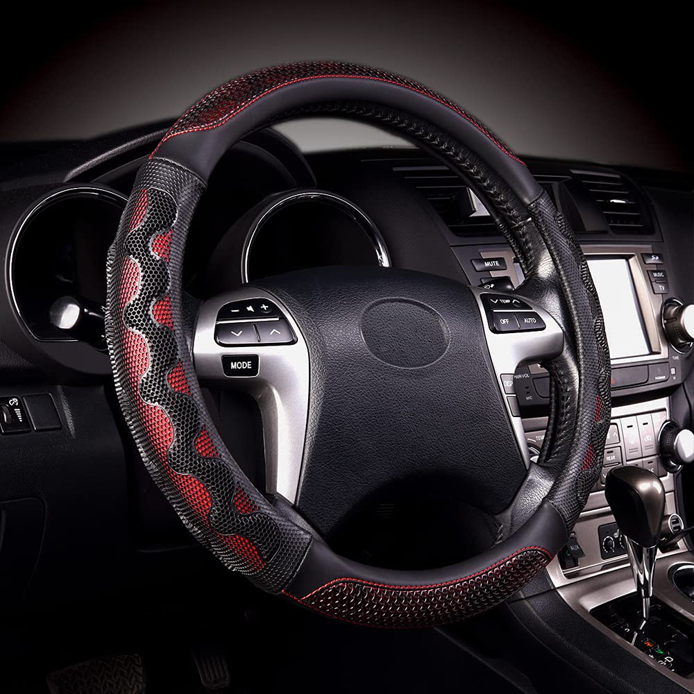 Flying Banner Steering Wheel Cover - Faux Leather, 15" Anti-Slip, 3D Honeycomb Design, Red with Black, Model FB-043