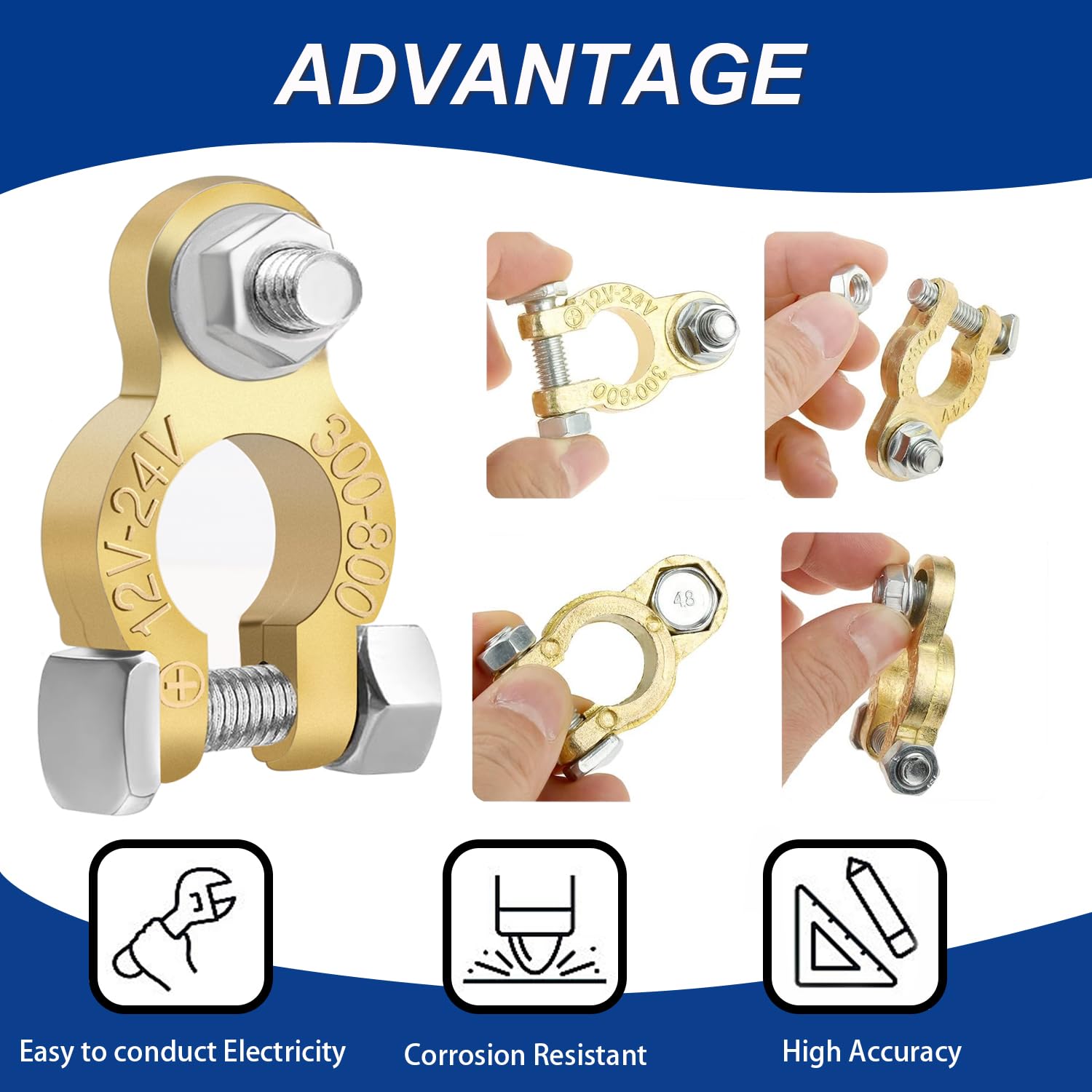 Tnisesm Brass Battery Terminal Connectors With Anti-Corrosion, Battery Terminals M8 X 16Mm Bolt, Top Post Battery Terminals Clam