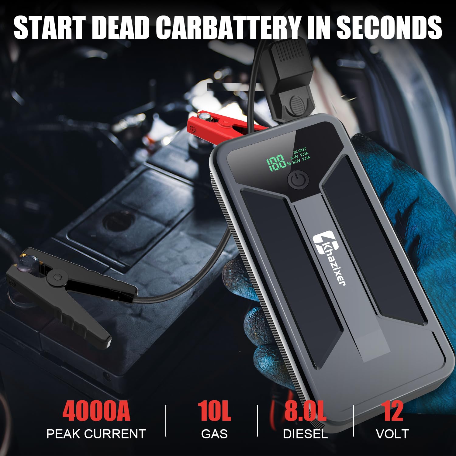 Khazixer ET02 Car Battery Jump Starter 4000A Peak, 12V Lithium, LCD Display, Flashlight for Gas/Diesel Engines