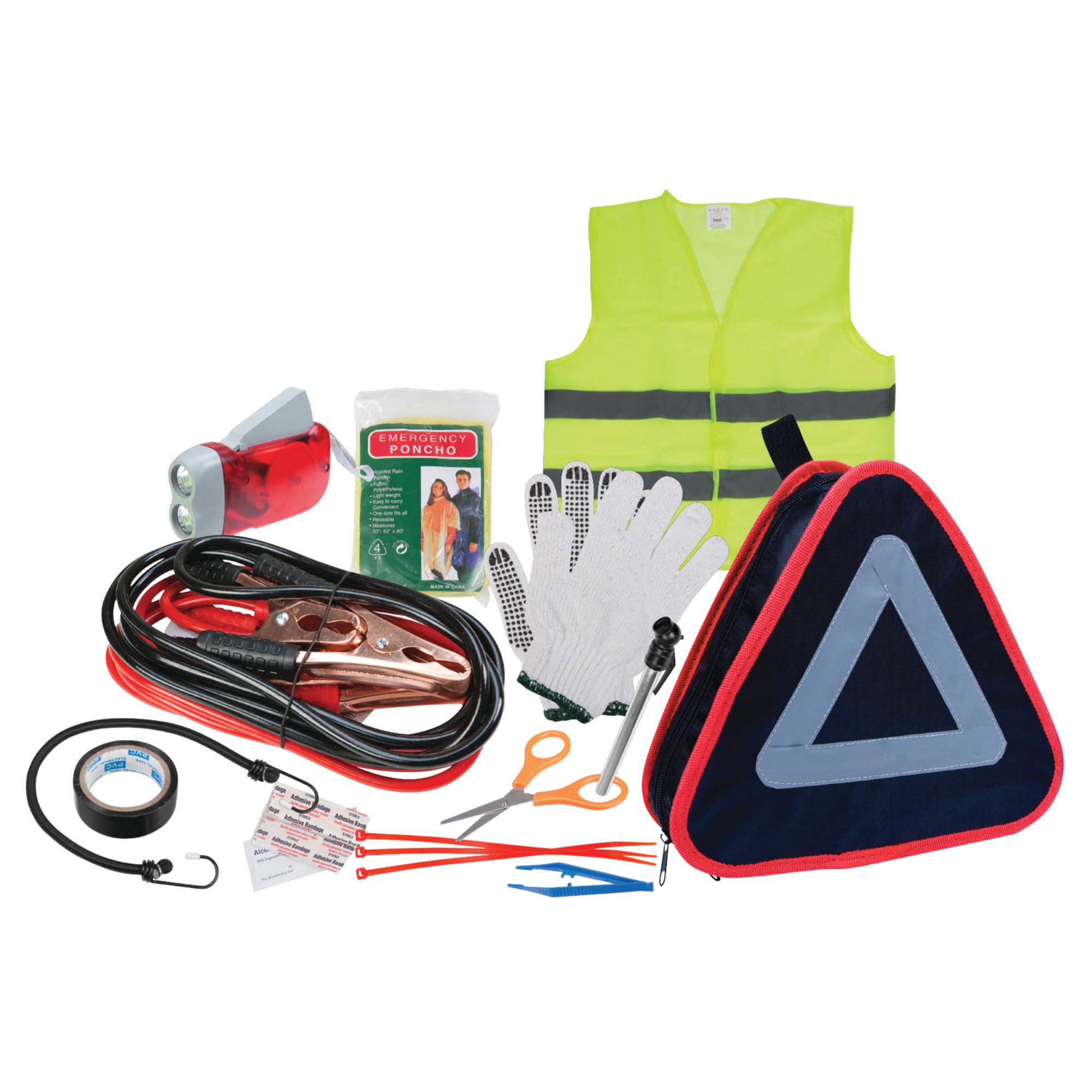 Performance Tool W1557 Roadside Assistance Kit with Jumper Cables, Reflective Triangle, Flashlight, Safety Vest, and More, in Zi