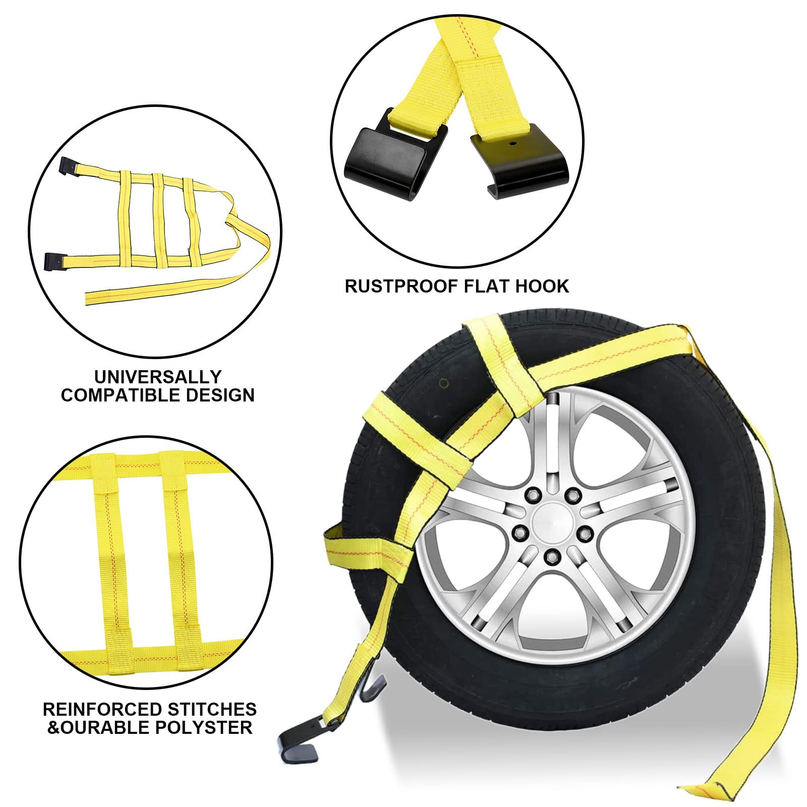 Robbor Tow Dolly Basket Straps With Flat Hook Heavy Duty Car Dolly Straps Universal Fit Most 14-19 Wheels 10,000Lbs Webbing Break Strength Tire Bonnet Yellow