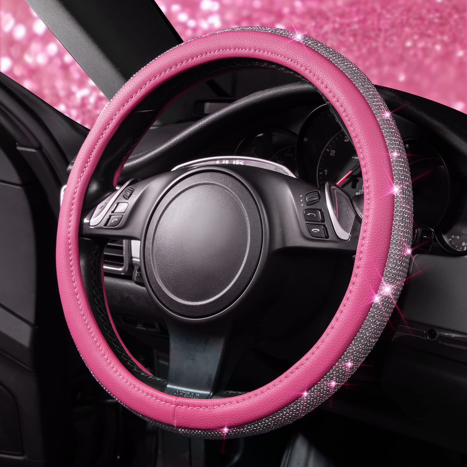 CAR PASS Diamond Pink Leather Steering Wheel Cover, Bling Crystal Rhinestones, Universal Fit 14.5"-15", for SUVs, Vans, Sedans, Trucks