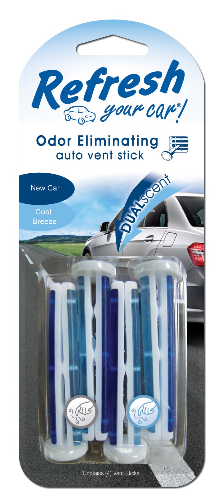 Refresh Your Car Car Air Freshener, Odor Eliminator, Set of 4 Auto Dual Scent Vent Sticks, New Car and Cool Breeze Scent, Refres