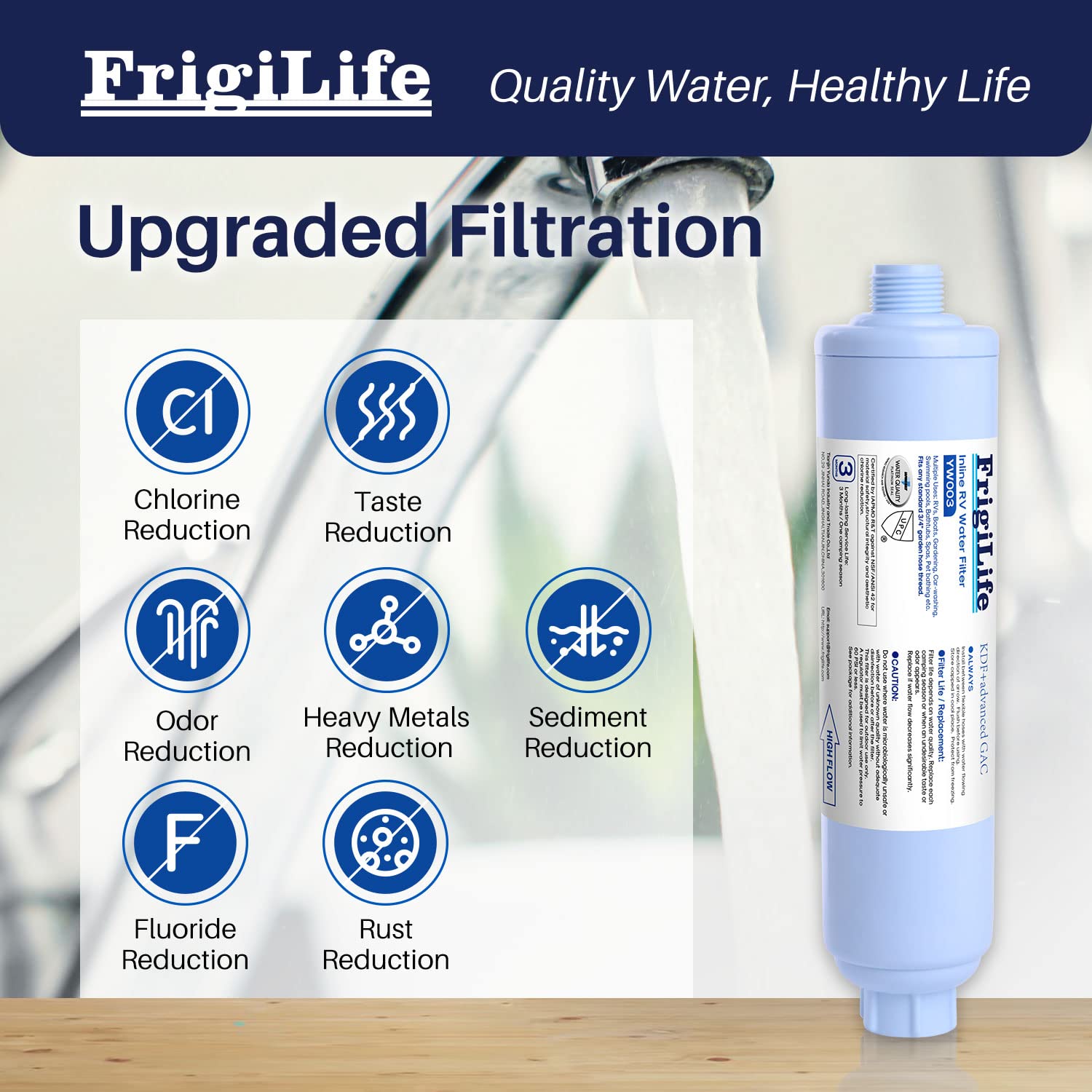 FrigiLife RV Water Filter, NSF/ANSI 42, for RVs Marines, Boats, Campers, for Drinking, Washing, Gardening, Camping, Planting, Sp