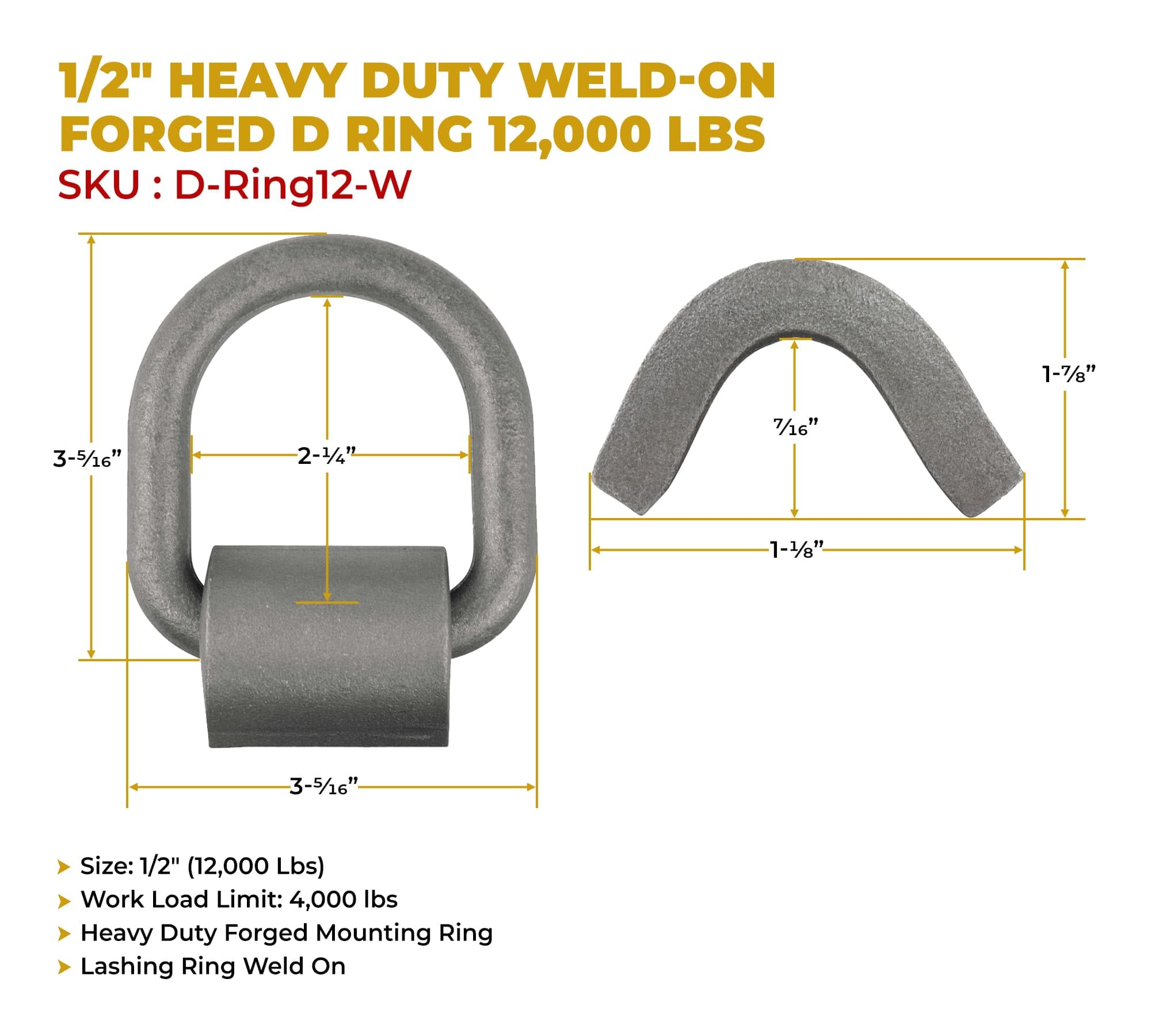 Mytee Products (20 Pack) 1/2 Heavy Duty Weld-On Forged D Ring 12,000 Lbs